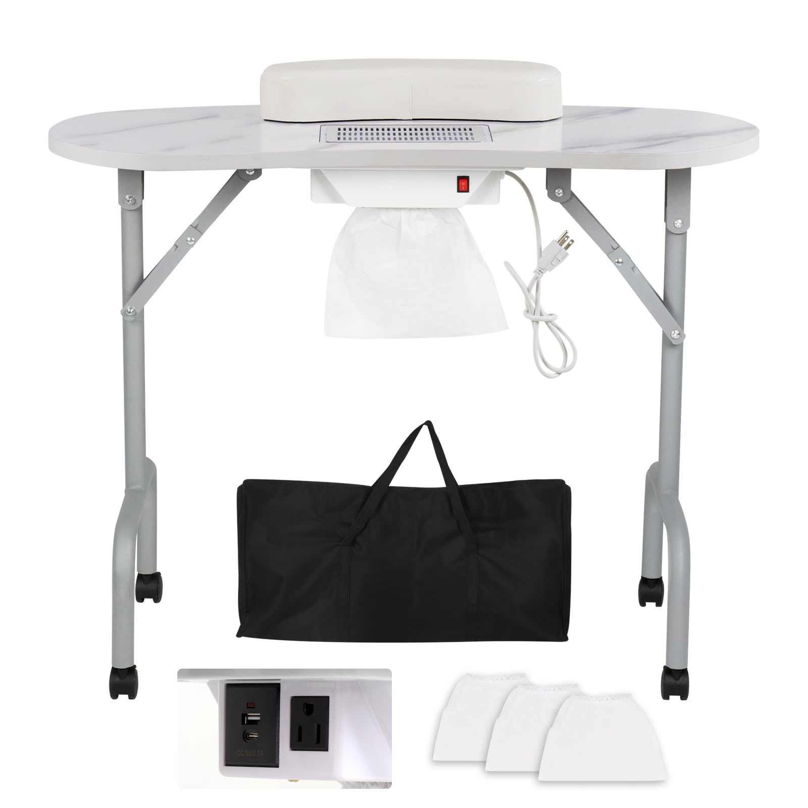 Professional Foldable Nail Tech Table with Charging Station & Dust Collector - Portable Manicure Desk for Salon & Home Use, White Marbled Design with Wrist Pad & 4 Lockable Wheels | Perfect for Nail Technicians, Spa Treatments & Mobile Beauty Services