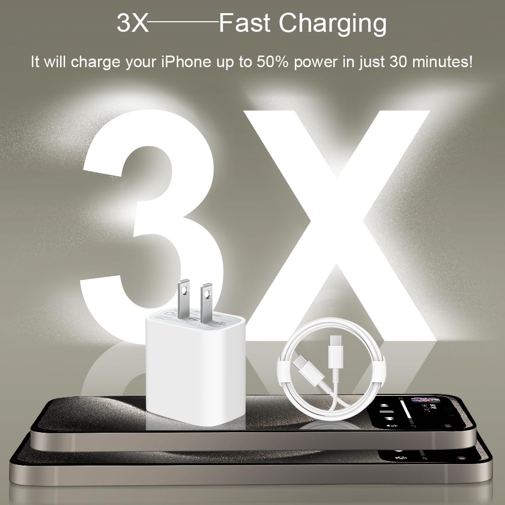 20W PD Fast USB C Wall Charger with 6FT USB C to C Cable - Compatible with iPhone 16/16 Pro/16 Pro Max/16 Plus, iPhone 15/15 Pro/15 Pro Max/15 Plus, iPad Pro & AirPods - Quick Charging for Home, Office & Travel
