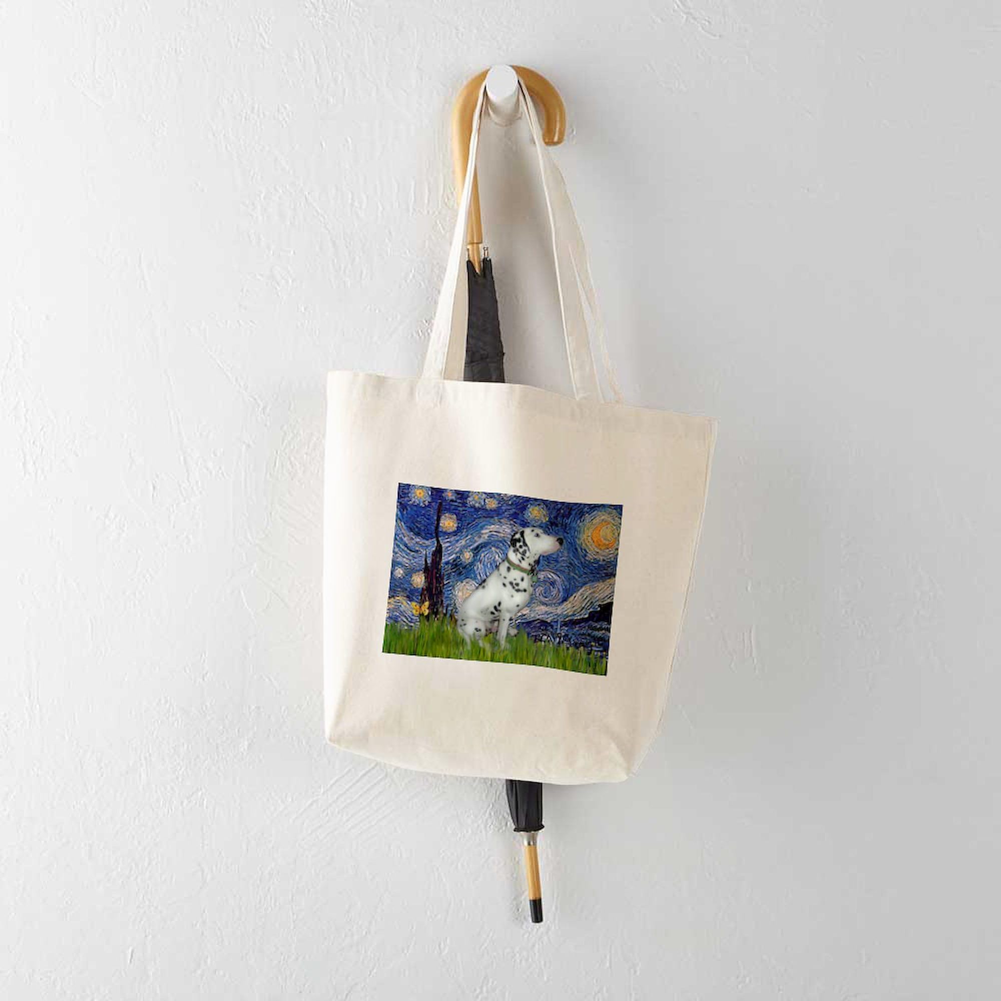 Starry Night Dalmatian Print Natural Canvas Tote Bag - Eco-Friendly Reusable Grocery Shopping Bag for Beach, Work & Farmers Market