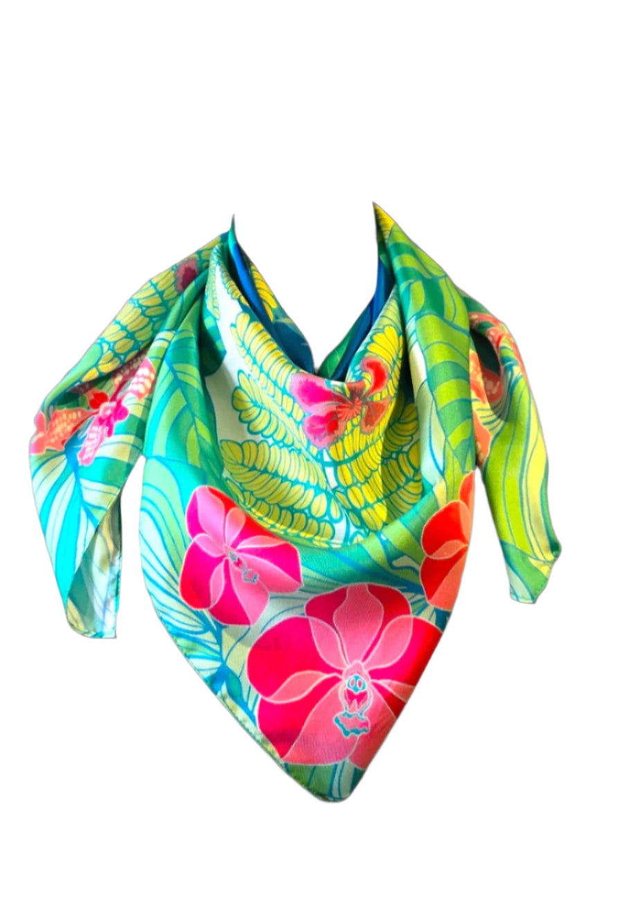 Botanic Gardens Silk Scarf with Emerald Design - Elegant Floral Fashion Accessory for Women, Perfect for Weddings, Parties & Special Occasions