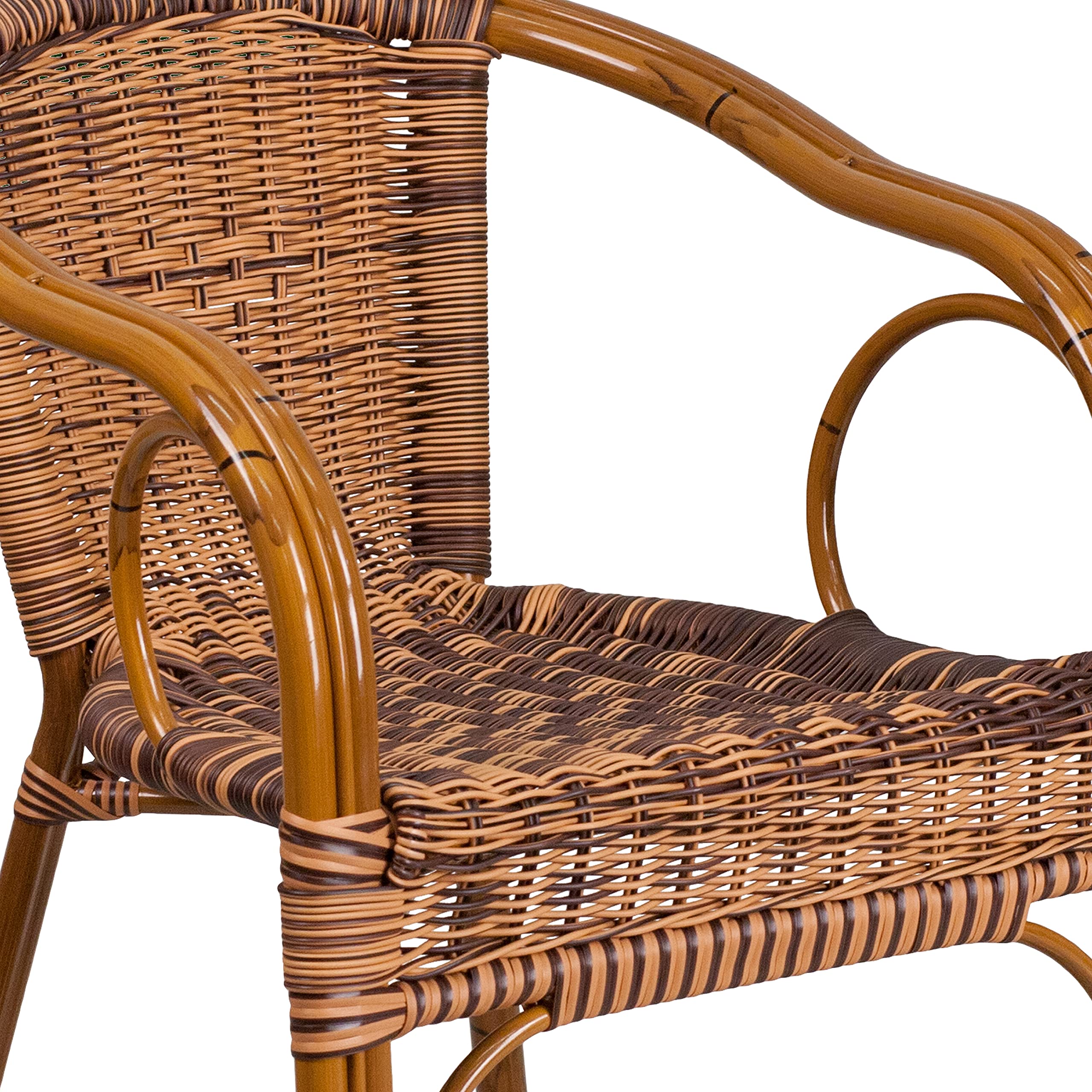EMMA + OLIVER Brown Rattan Patio Chair with Dark Red Bamboo-Aluminum Frame - Outdoor Dining, Poolside Relaxation, Garden Decor, Backyard Furniture for Patio, Deck or Balcony