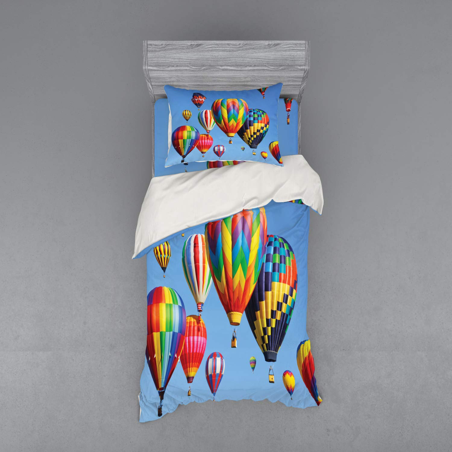Ambesonne Balloon Bedding Set - 3 Piece Duvet Cover with Sham & Fitted Sheet, Twin Size, Colorful Sky Air Balloon Aviation Travel Theme, Multicolor | Perfect for Kids Room, Travel Enthusiasts & Themed Bedroom Decor