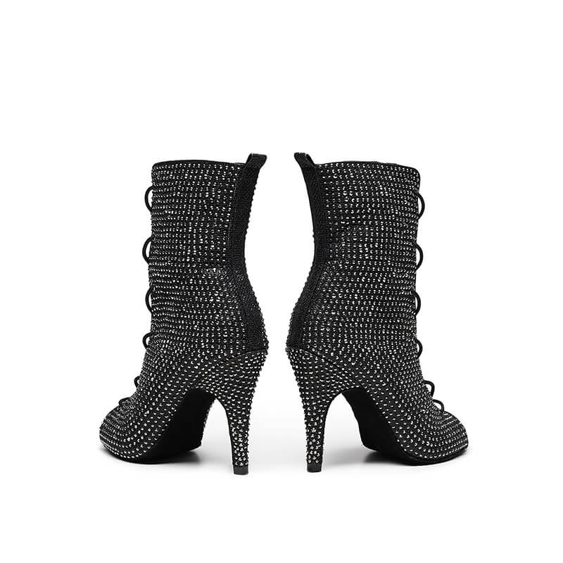 Black Crystal Embellished Lace-Up Dance Booties - Elegant Women's Ballroom Dance Shoes for Latin, Tango & Salsa - Perfect for Performances, Competitions & Dance Parties