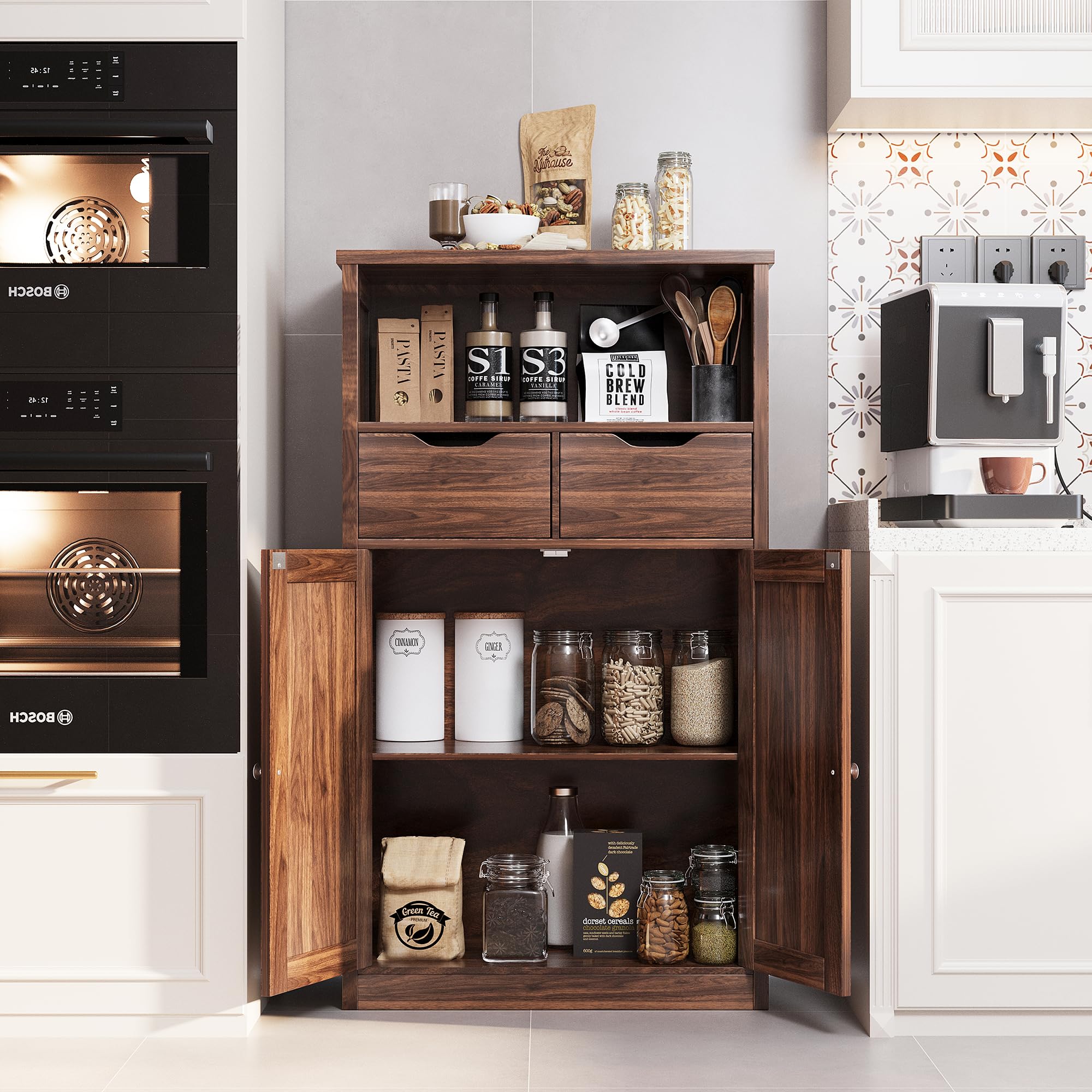 Shintenchi Storage Cabinet with Doors & Drawers - Adjustable Shelf for Bathroom, Kitchen, Living Room - Walnut