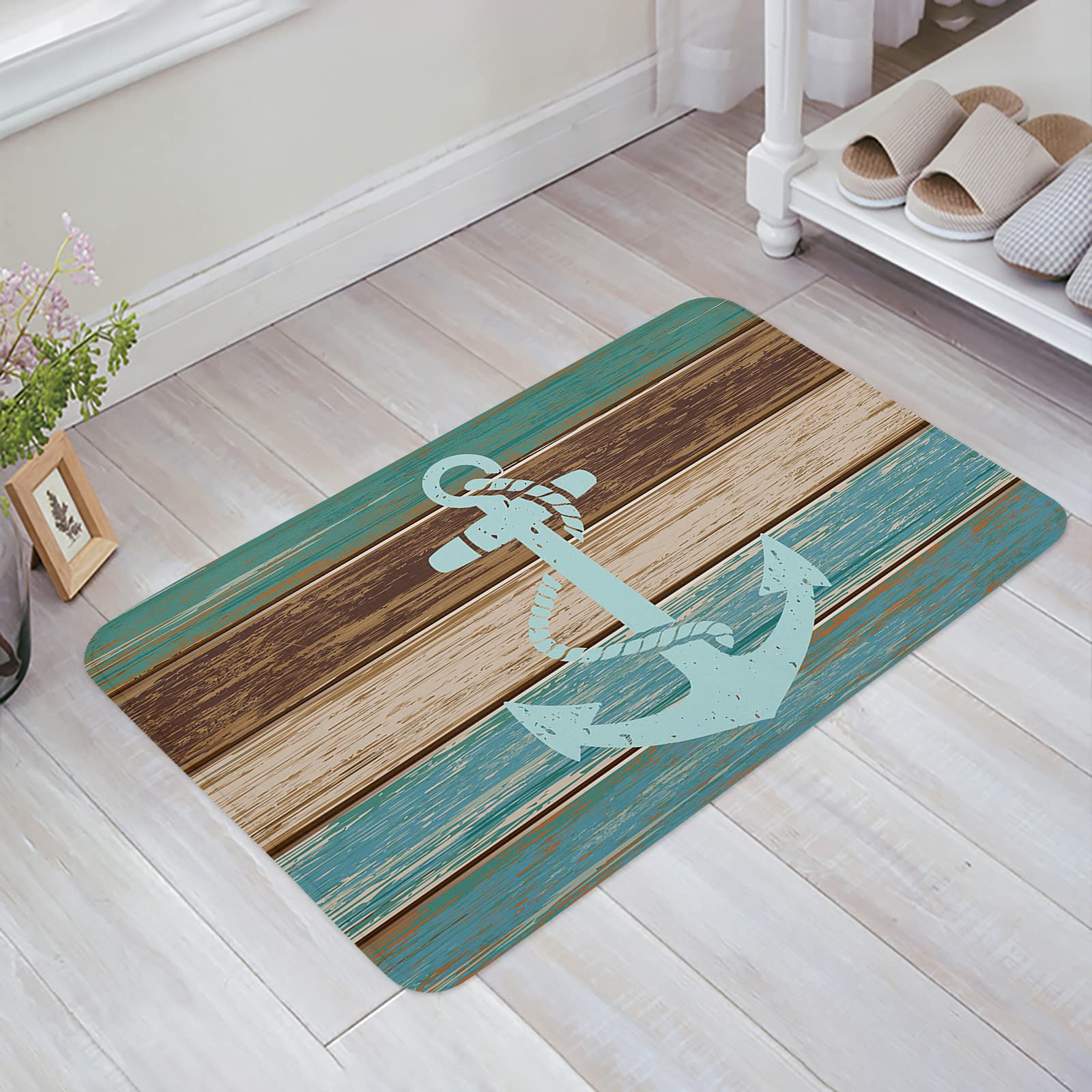 Nautical Anchor Rustic Wood Door Mat - Non-Slip Absorbent Doormat for Entryway, Bathroom, Kitchen & Bedroom - 16x24 Inch Teal Patterned Floor Mat - Perfect for Home, Office & Boat Decor