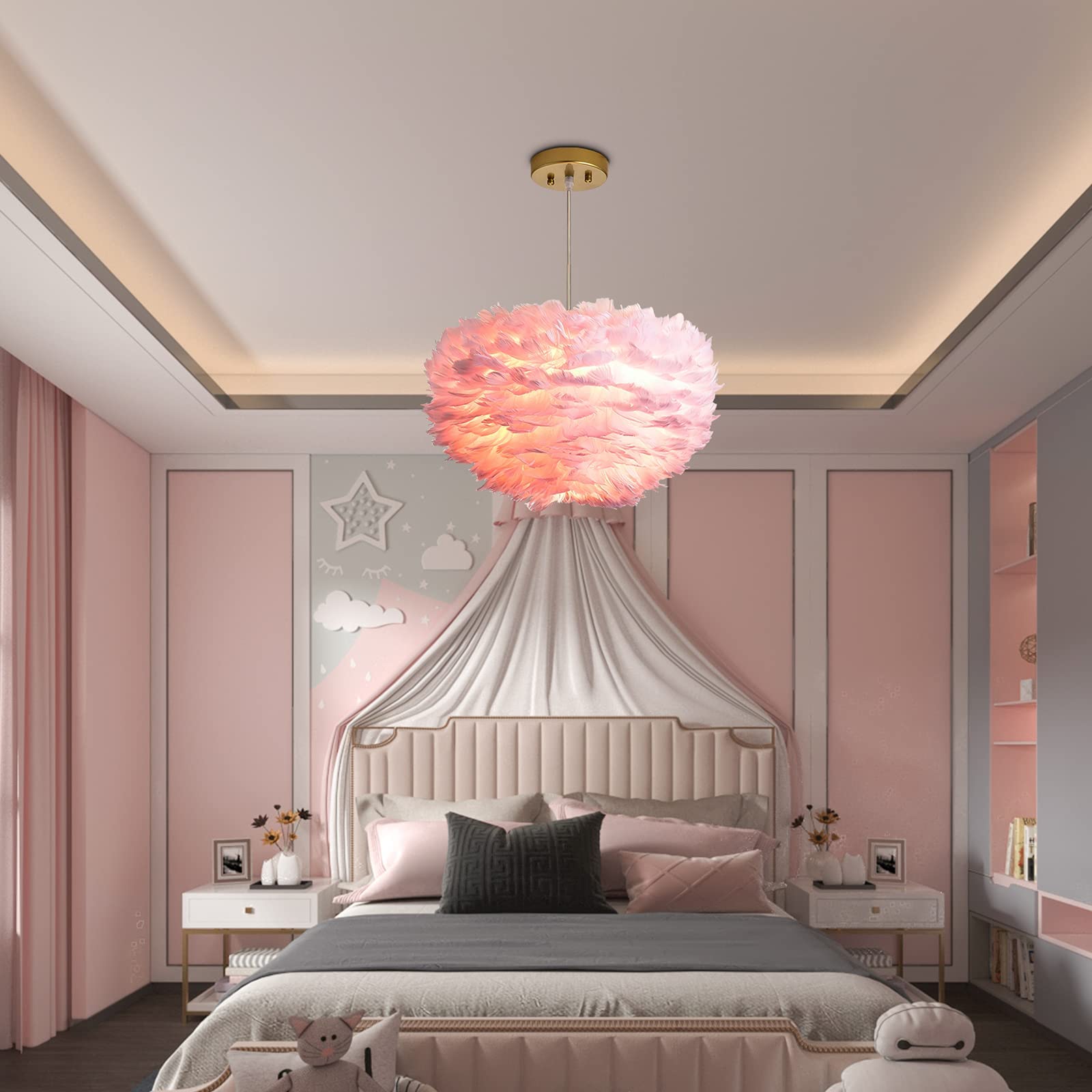 Nordic Feather Chandelier - 3-Light Modern Romantic Ceiling Hanging Lamp with Pink Art Feather Shade, 17.7 Inch for Girls Bedroom, Living Room, Dining Room | Perfect for Boho Chic Decor, Wedding Venues & Cozy Home Lighting