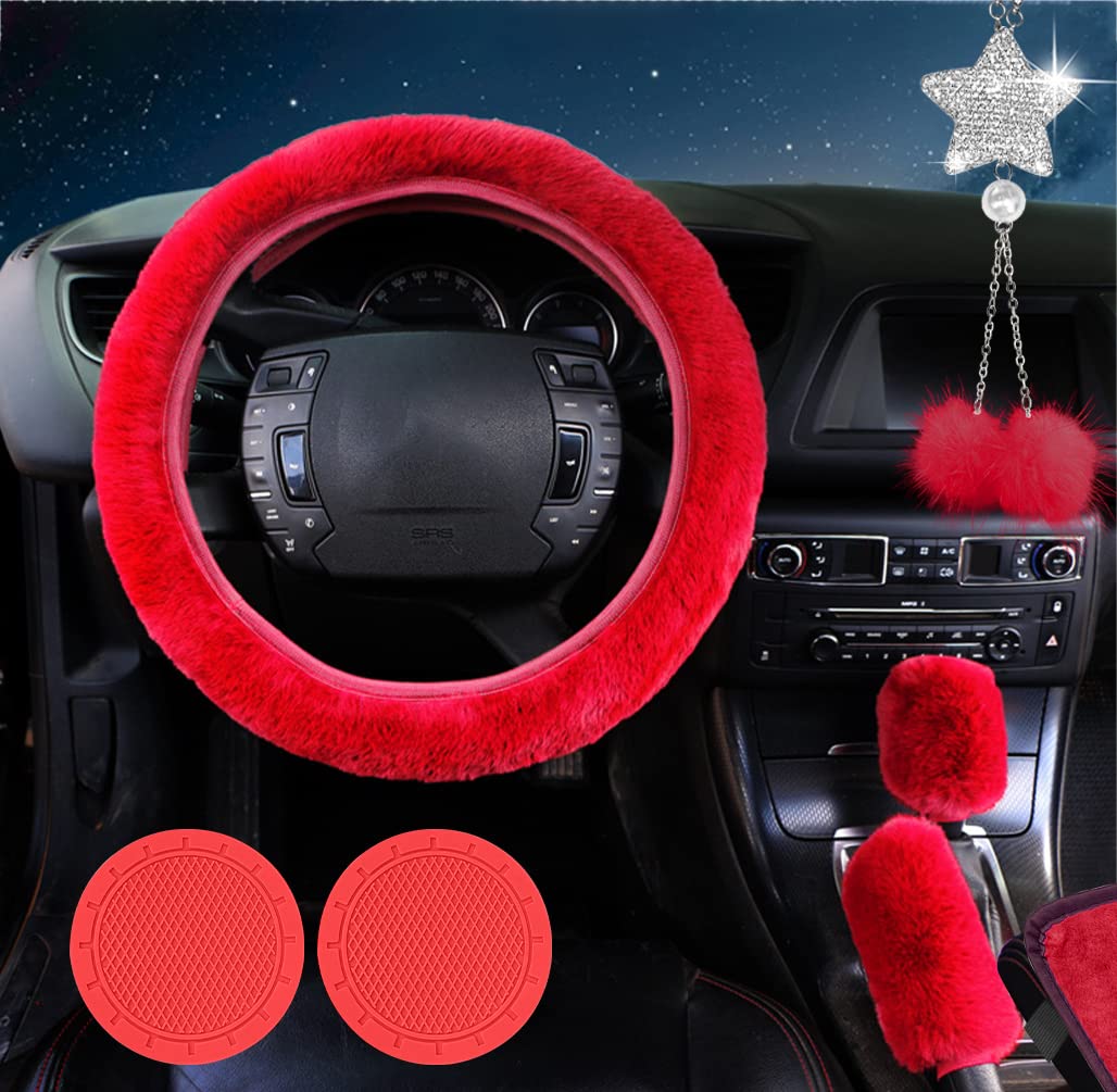 Fluffy Car Accessories Set - 9PCS Soft Fleece Steering Wheel Cover for Women, Non-Slip Warm Car Decor for Winter Driving