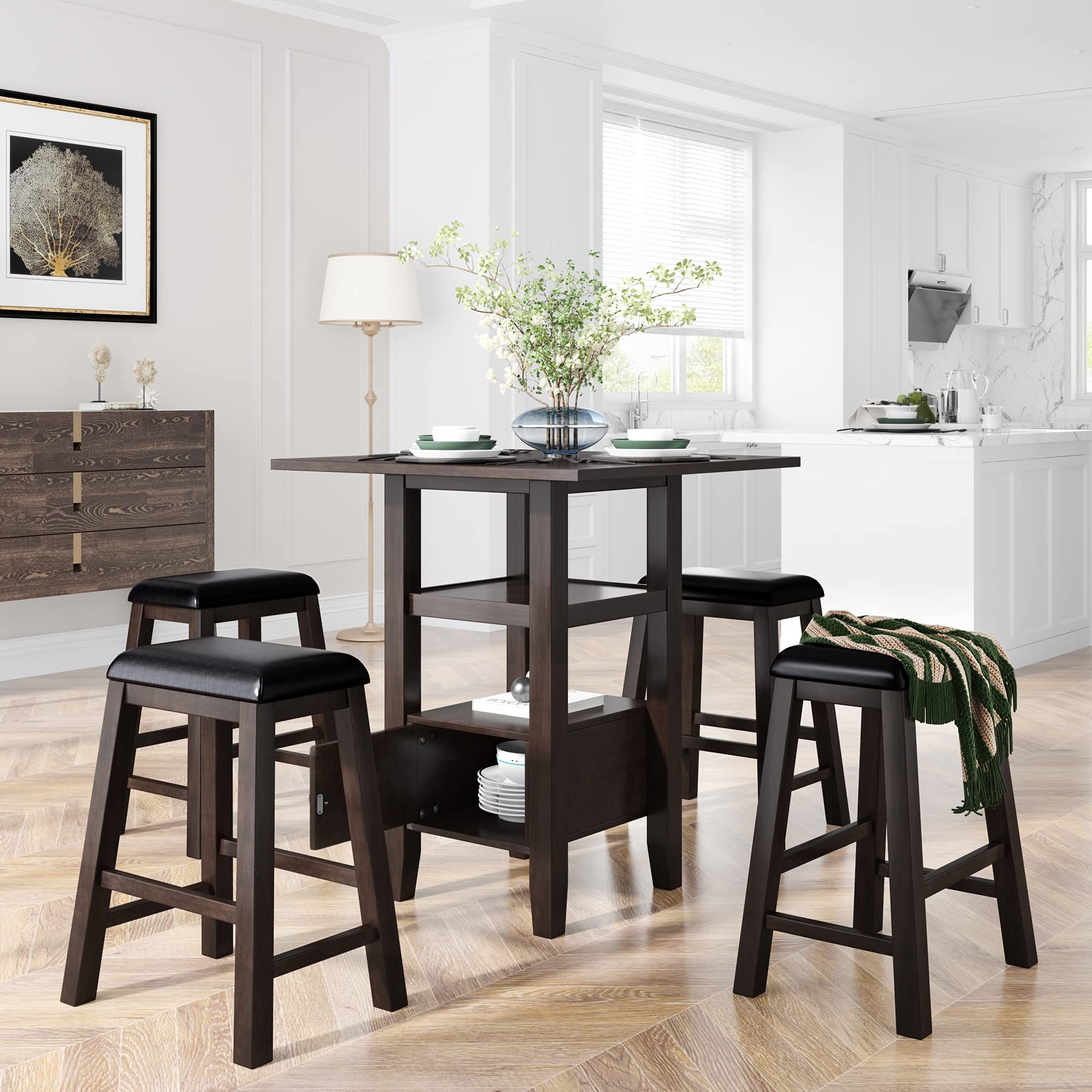 **Merax 5-Piece Counter Height Dining Set - Wood Kitchen Table with 4 Upholstered Stools, Storage Cupboard & Shelf (Brown) - Perfect for Small Spaces, Breakfast Nooks & Modern Kitchens**