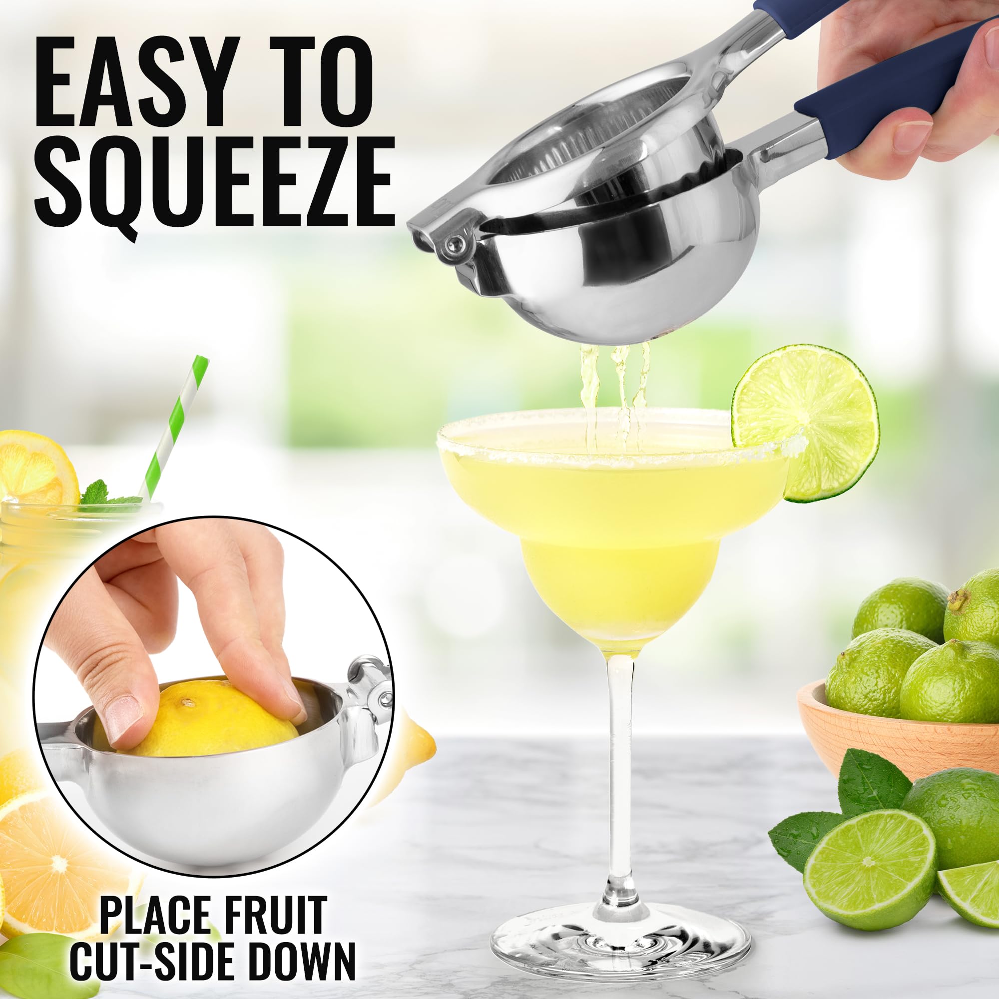 Premium Stainless Steel Lemon Squeezer - Heavy Duty Manual Citrus Juicer with Solid Metal Bowl & Food Grade Silicone Handles - Lime, Orange & Lemon Press for Cocktails, Cooking & Healthy Juicing (Navy Blue)