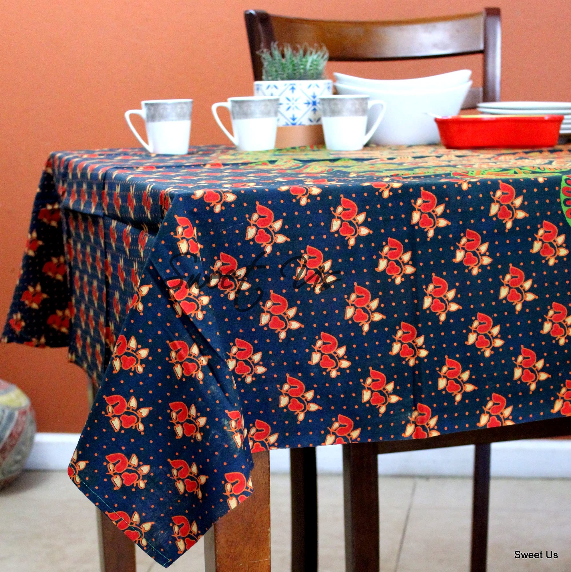 Premium Cotton Floral Tablecloth for Rectangle Tables - Peacock Green Orange Rust Gold Design - 54 x 84 Inch Washable Table Cover for Dining Room, Kitchen, Patio & Outdoor Events