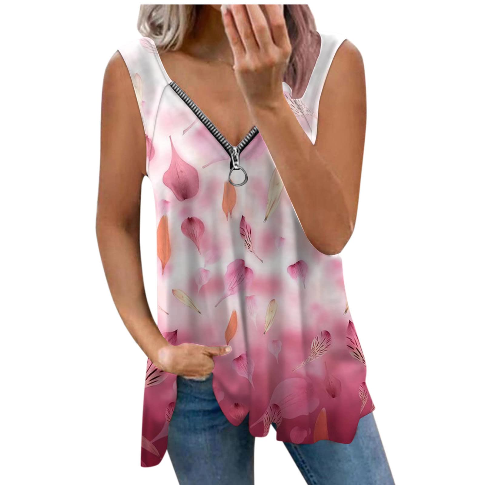 Women's Summer Sleeveless Blouse - Fashion Zipper Neck Printed T-Shirt for Casual Wear | Perfect for Beach Outings, Date Nights & Office Casual Fridays