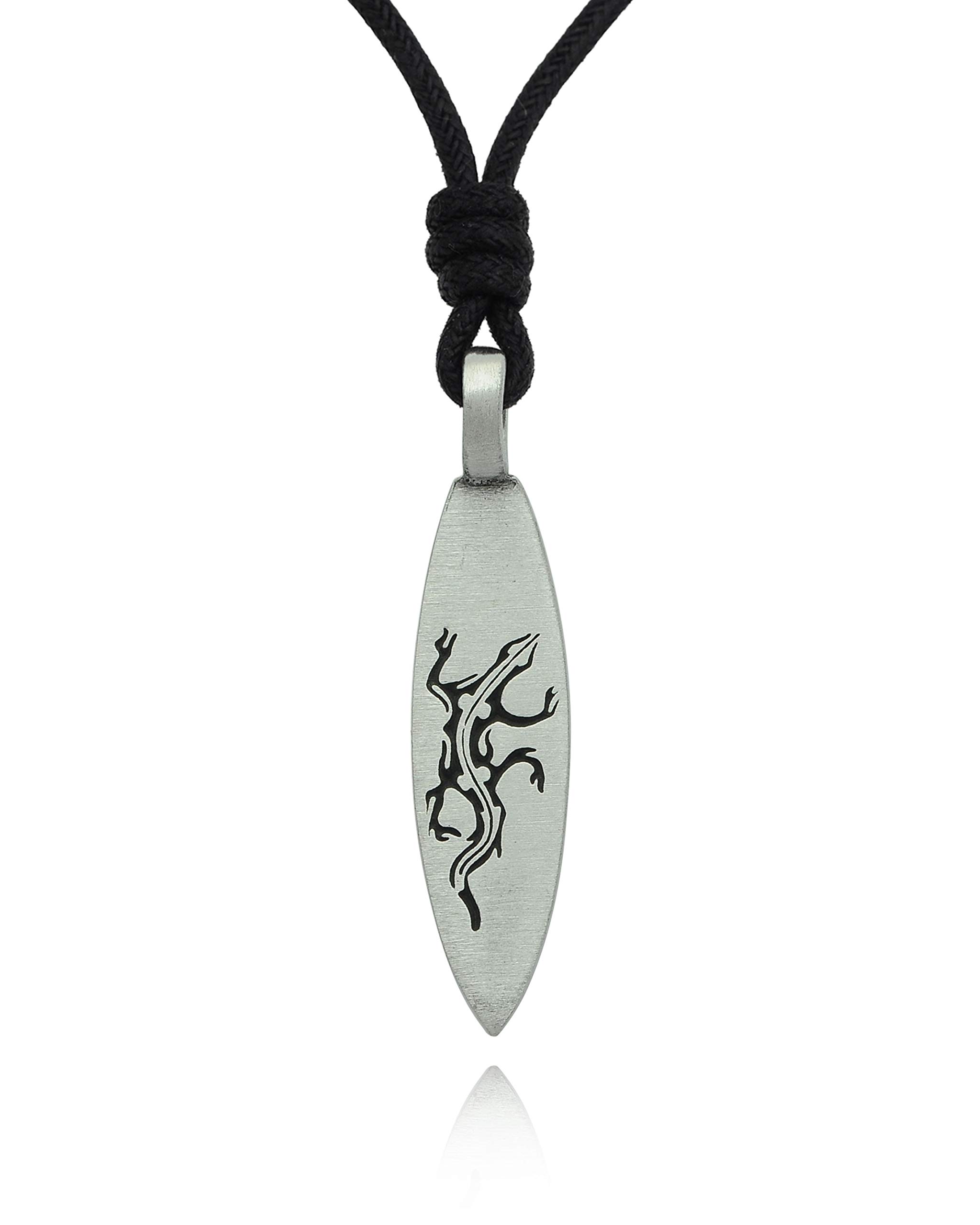 Lizard Surfboard Silver Pewter Charm Necklace - Handmade Pendant Jewelry for Women & Men - Perfect for Beach Parties, Surfing Gifts & Boho Fashion Accessories