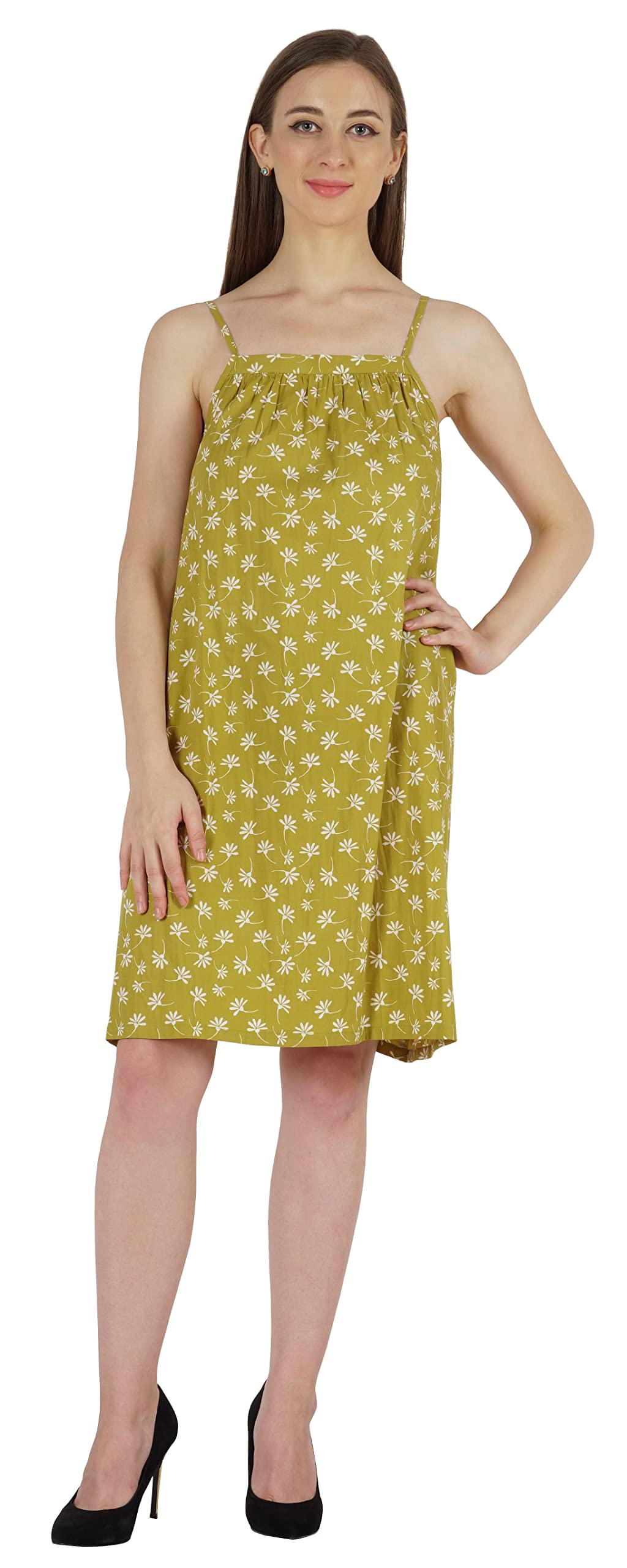 Bimba Women's Casual Floral Printed Spaghetti Strap Sundress - Short Summer Midi Dress for Beach, Vacation & Outdoor Activities