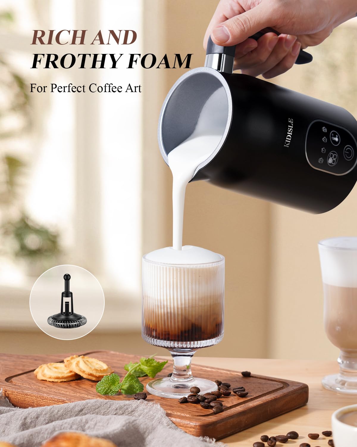 4-in-1 Electric Milk Frother with Temperature Control - Automatic Warm & Cold Foam Maker for Coffee, Latte, Cappuccino - Perfect for Home Baristas & Coffee Shops