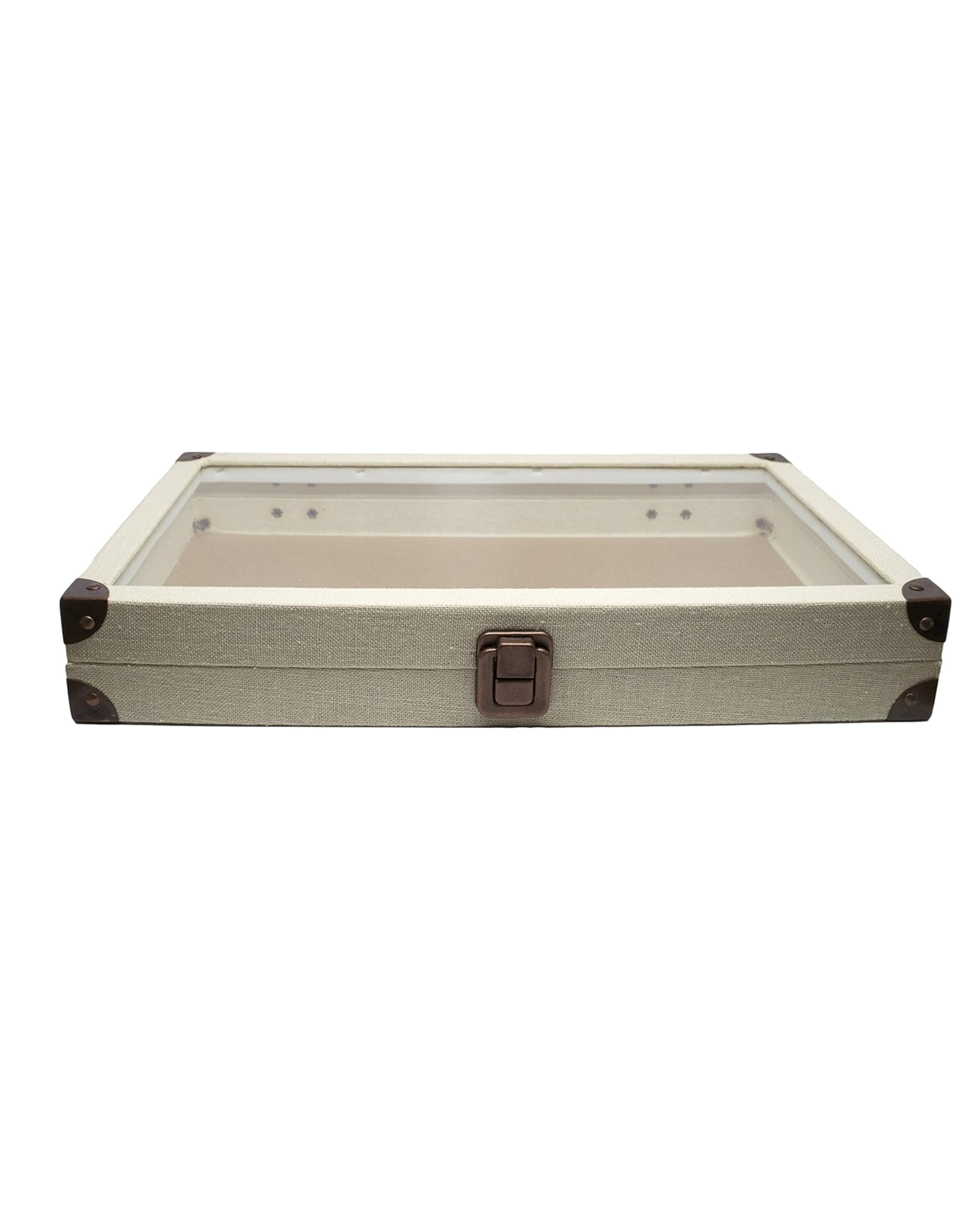 Premium Linen Light Beige Jewelry Display Case with Glass Lid - 14.75x8.25x2.1 Inch Large Collectible Storage Box for Necklaces, Rings & Gemstones - Perfect for Showcasing Jewelry Collections, Rocks & Precious Stones at Home or Retail Stores