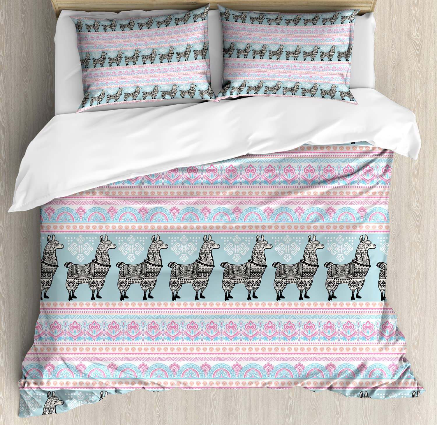 Ambesonne Llama Duvet Cover Set - King Size 2-Pack with 4 Pillowcases | Alpaca Animal & Folkloric Pattern in Seafoam Pink | Soft Bedding for Cozy Bedroom Decor & Guest Room Styling