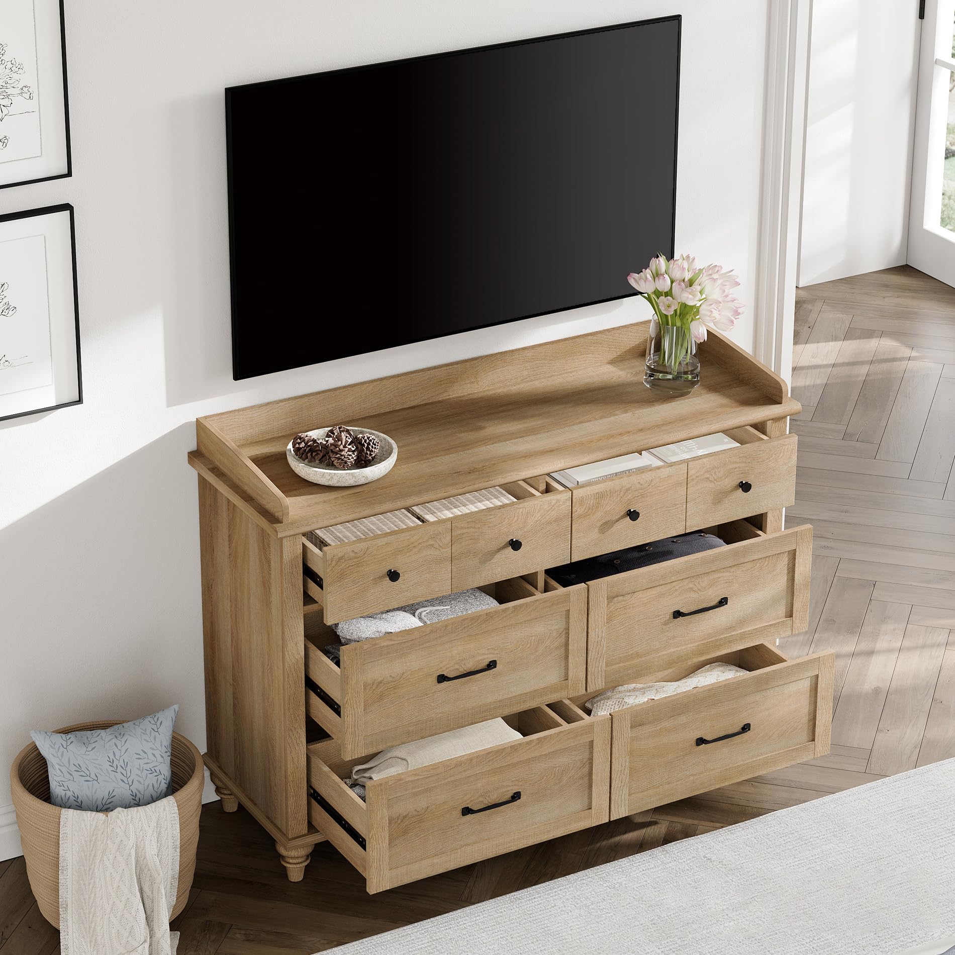 WAMPAT 6-Drawer Mid Century Modern Dresser for Bedroom - Rustic Oak Wooden Chest Storage Organizer for Kids, Nursery, Living Room & Hallway | Perfect for Clothes, Toys & Home Organization