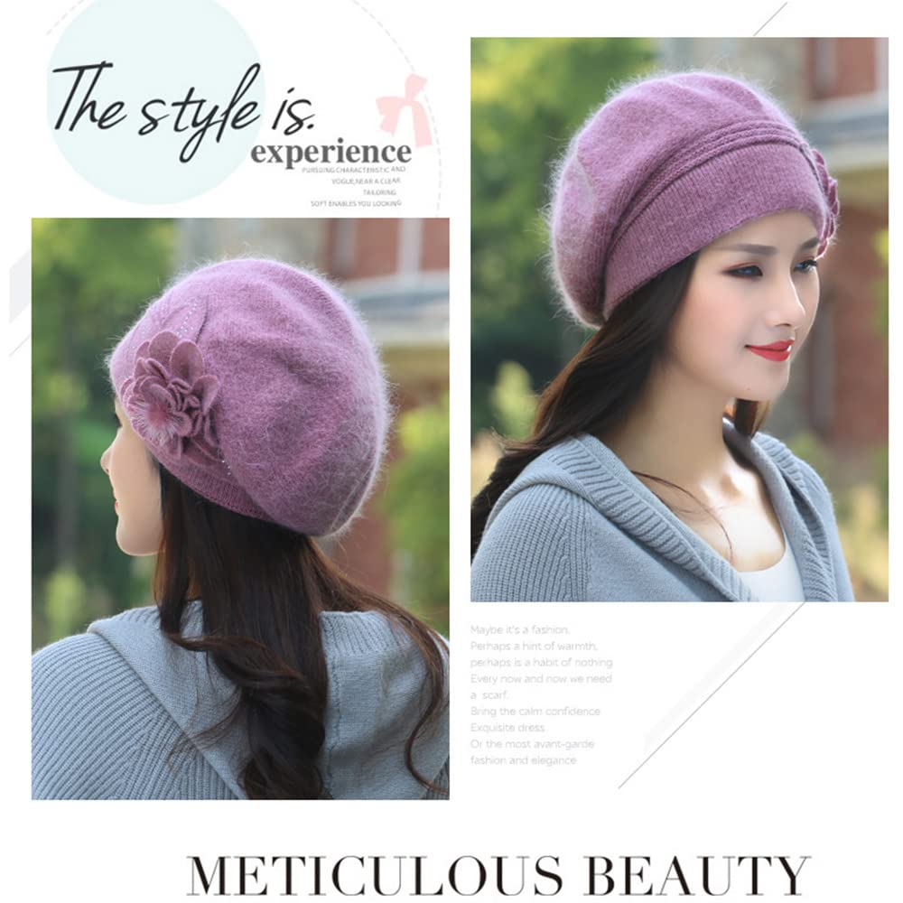 Women's Winter Beanie Hats - Knit Rabbit Fur with Flower Rhinestone - Warm Fashionable Beanie for Cold Weather | Perfect for Outdoor Activities, Skiing, Snowboarding & Winter Fashion
