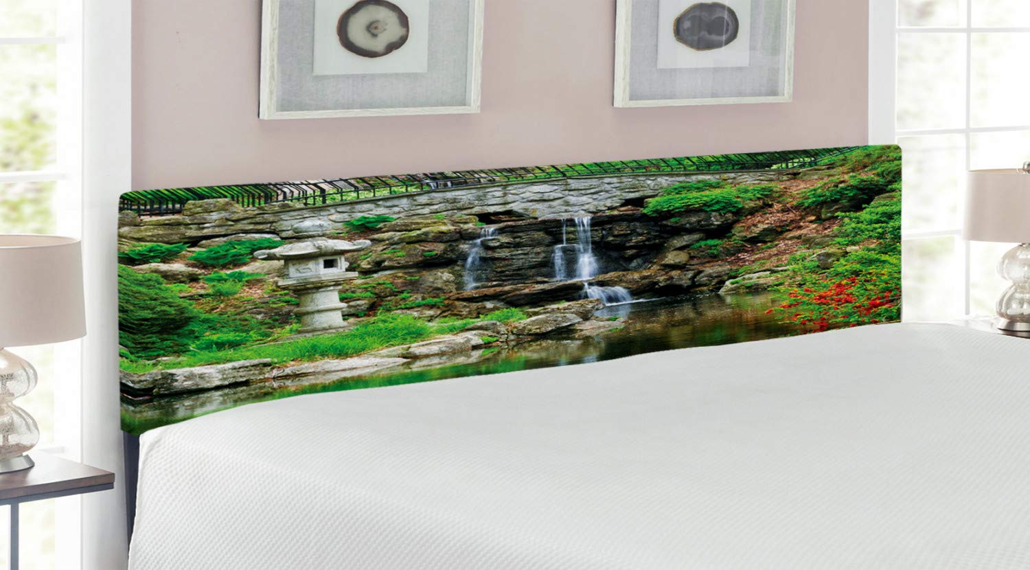 Ambesonne Japanese Style King Size Headboard - Cascading Waterfall Pond with Floral Reflections, Upholstered Metal Bed Frame with Memory Foam in Green & White | Perfect for Zen Bedroom Decor, Asian-Themed Interiors & Meditation Spaces