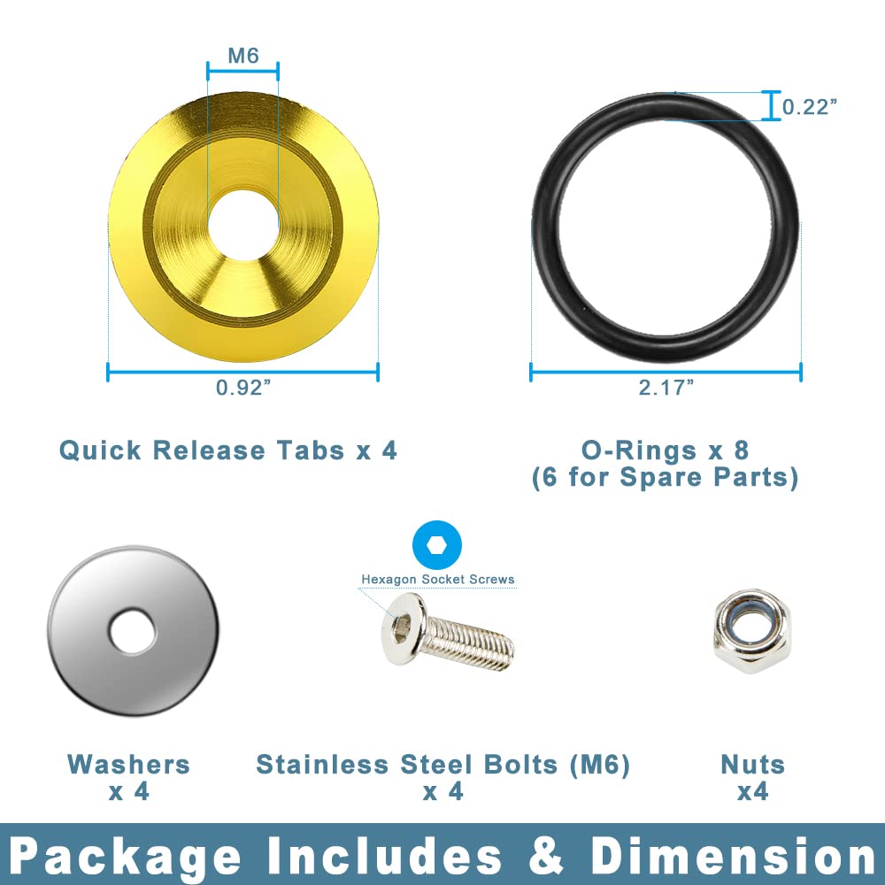 JDM Quick Release Bumper Fasteners Kit - 4 Piece Gold Front & Rear Bumper Clips with 8 O-Rings | Universal Car Body Accessories for Easy Bumper Installation & Removal | Perfect for JDM, Tuner & Custom Car Builds