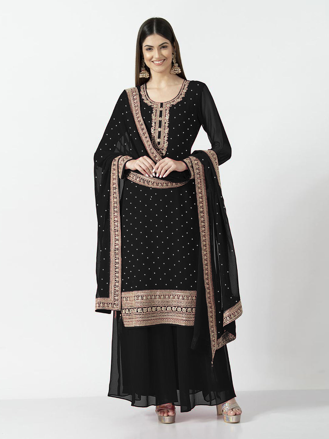 Elegant Black Pakistani Palazzo Suit with Embroidery & Diamond Work - Designer Ready-to-Wear Outfit for Women | Perfect for Weddings, Parties & Special Occasions