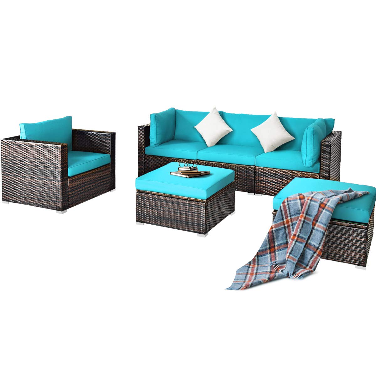HappyGrill 6-Piece Patio Conversation Set - Outdoor Rattan Wicker Sectional Sofa with Cushions, Coffee Table & Ottoman - Perfect for Backyard, Garden, Poolside & Deck Relaxation