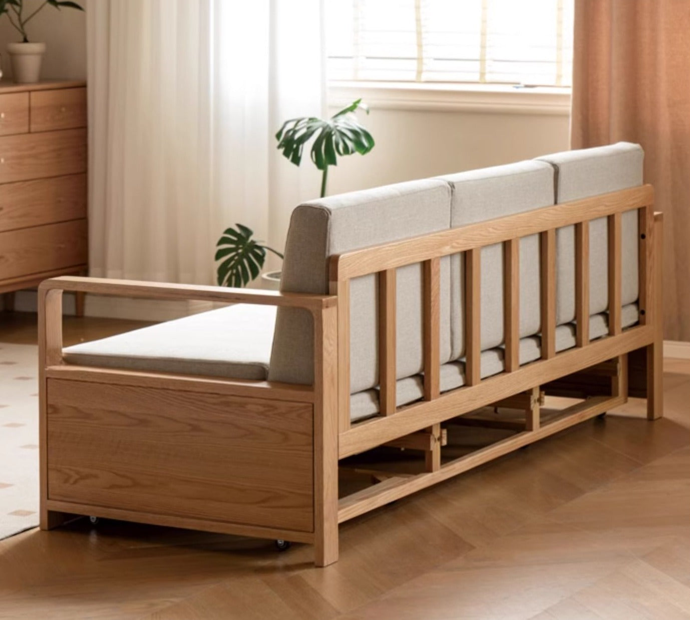Oak Solid Wood Folding Storage Sofa Bed - Convertible Guest Bed & Space-Saving Furniture for Small Apartments, Living Rooms & Dorm Rooms