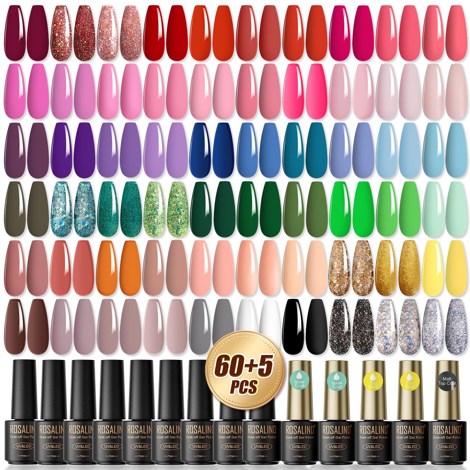 ROSALIND 65-Piece Semi-Permanent Nail Polish Kit - 60 Vibrant Colors (Red, Pink, Purple, Blue, Green & Glitter) | UV/LED Gel Soak Off Manicure Set for Salon & DIY Home Use | Perfect for Parties, Weddings & Everyday Nail Art