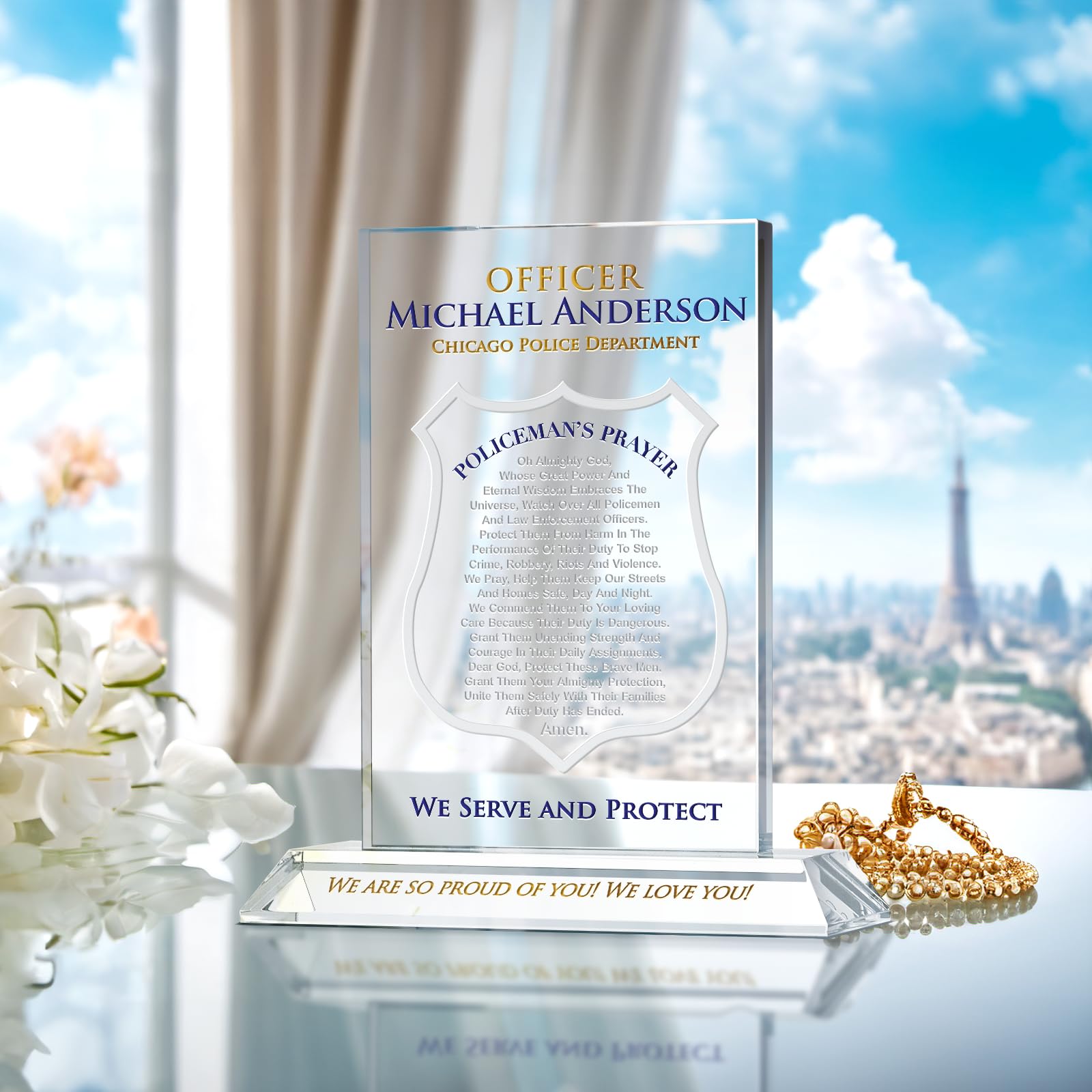 Personalized Crystal Police Officer Prayer Plaque - Custom Engraved Gift for Men, Son, Husband, Boyfriend & Dad - Perfect for Police Graduation, Swearing-in Ceremony & Appreciation (7.5 Inch) - Ideal for Office Desk, Home Display & Law Enforcement Milestones
