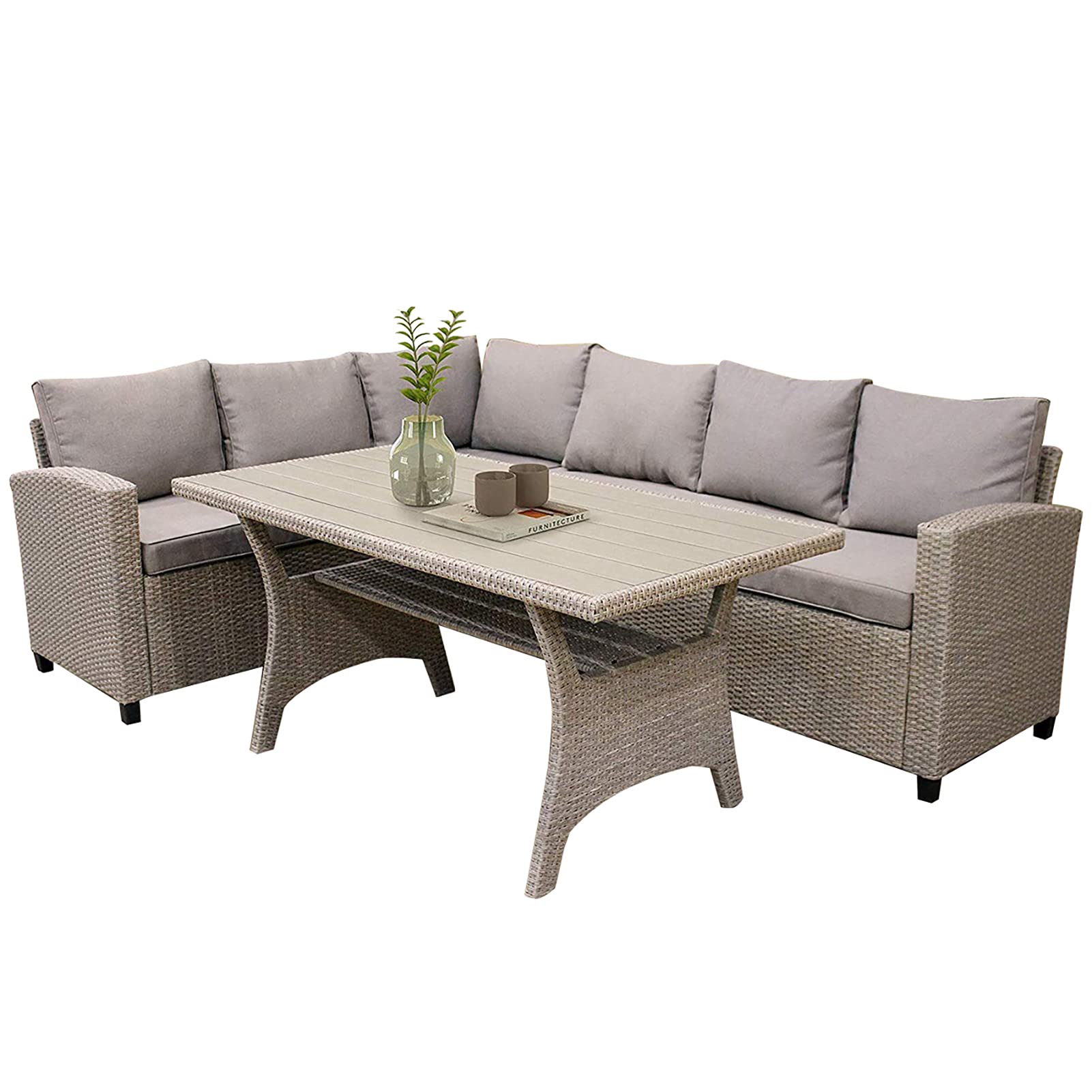 SONGBIRDTH Outdoor Patio Furniture Set - Brown Rattan Wicker Sectional Sofa with Gray Cushions & Polywood Table - Manual Weaving Garden Conversation Set for Backyard, Poolside & Deck Relaxation