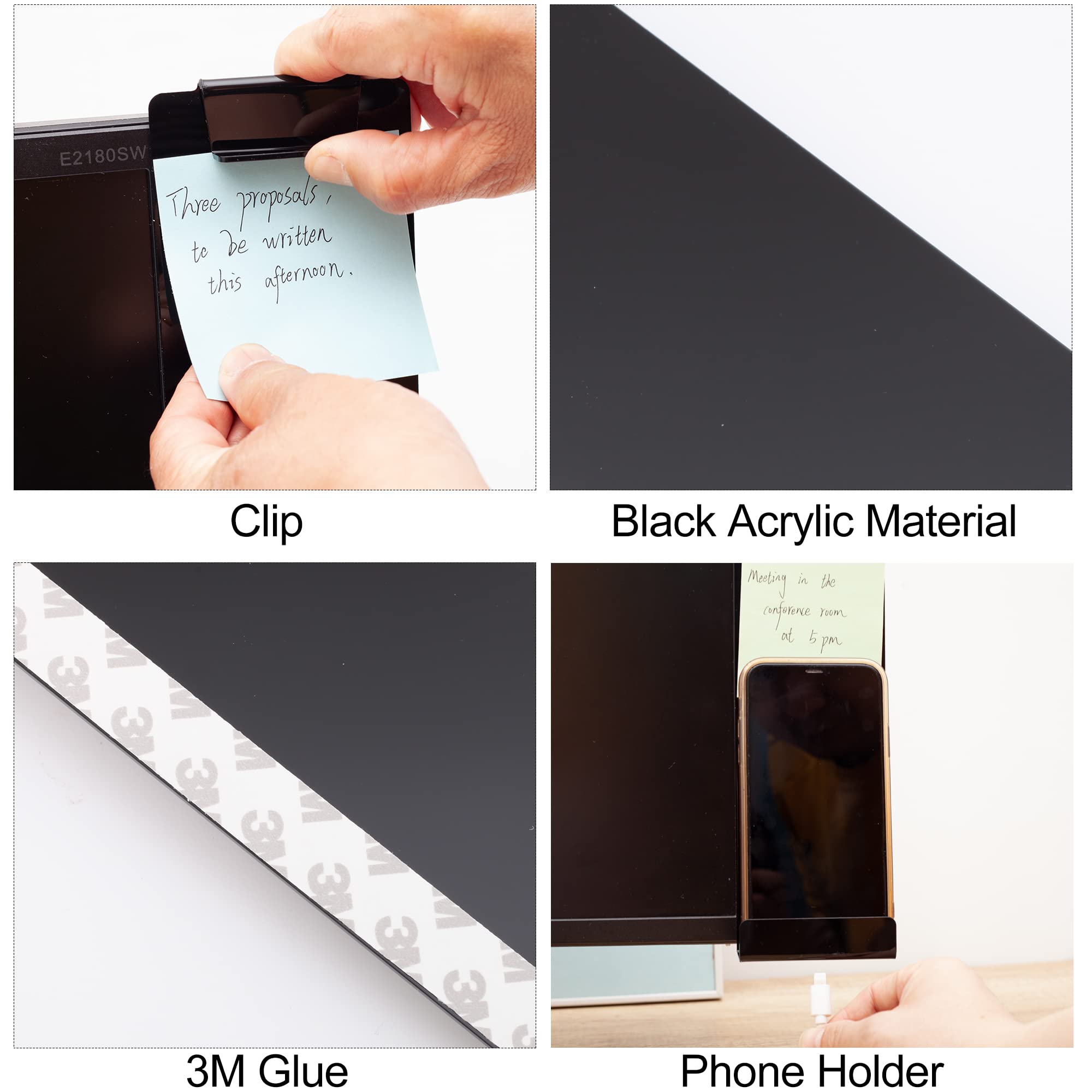 2 Pack Black Monitor Memo Board with Clip - Sticky Note Holder & Phone Stand for Computer Screens (Left & Right) - Perfect for Office, Home Desk & Workspace Organization