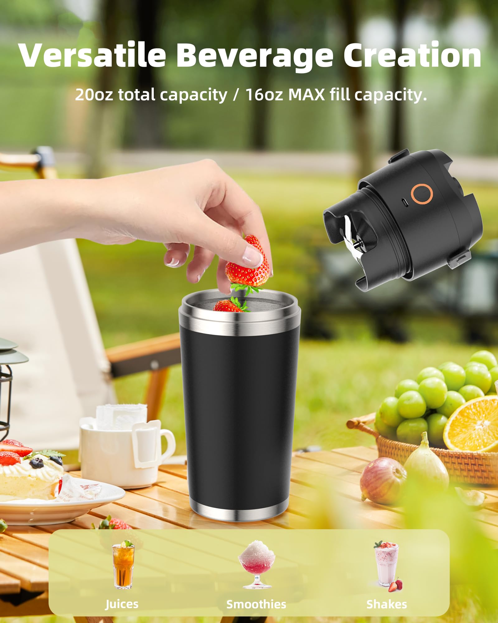 Portable Blender with Insulated Stainless Steel Cup - 20oz Personal Smoothie Maker with 11.1V High-Torque Motor, 24-Hour Cold Retention, USB-C Rechargeable & Self-Cleaning - Perfect for Travel, Gym, Office & Home Use - Includes Travel Lid (Black)