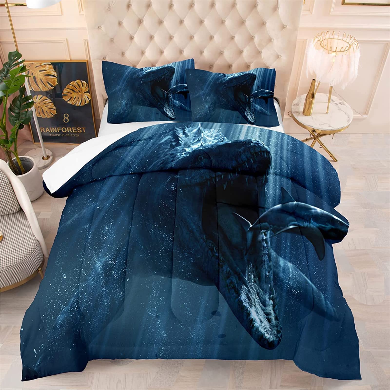Deep Water Shark & Mosasaur Ocean Animal Bedding Set - 1 Comforter & 2 Pillow Shams | Dinosaur Themed Kids Bedroom Decor | Jurassic Adventure Sleep Set for Boys & Girls
