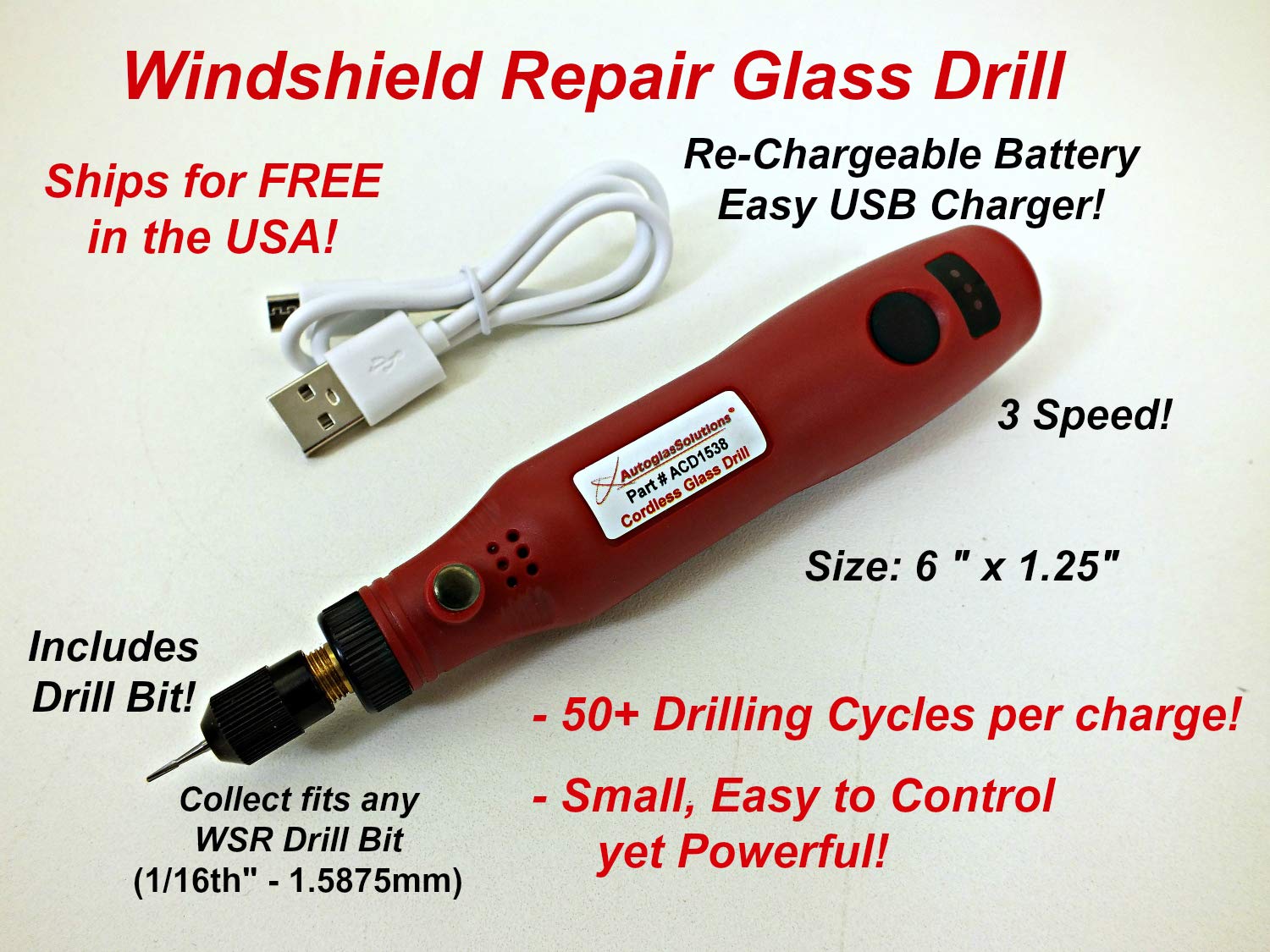 Windshield Repair Kit with Glass Drill - 3 Speed Cordless Power Tool for Auto Glass Chip & Crack Fixing - Perfect for DIY Car Windshield Repairs at Home or On-the-Go