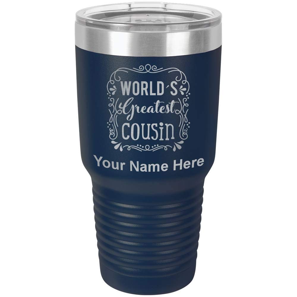 LaserGram 30oz Vacuum Insulated Stainless Steel Tumbler Mug with Personalized Engraving - Keeps Drinks Hot/Cold for 24 Hours - Perfect Gift for Cousins, Friends & Family (Navy Blue) - Ideal for Outdoor Activities, Office Use & Daily Hydration