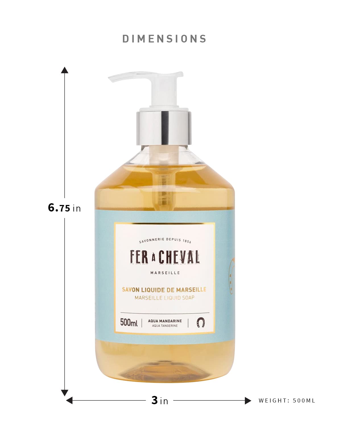 Fer a Cheval Marseille Liquid Soap - Aqua Tangerine Scent (500ml) | Natural Hand & Body Wash for Sensitive Skin | Perfect for Bathroom, Kitchen & Travel Use
