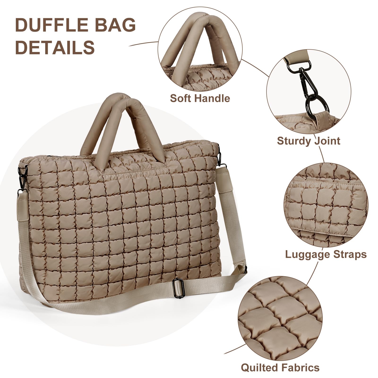 Quilted Duffle Bag for Travel - Large Puffer Weekender Gym Bag, Soft Carry-On Luggage for Overnight Trips | Perfect for Gym, Weekend Getaways & Airplane Travel