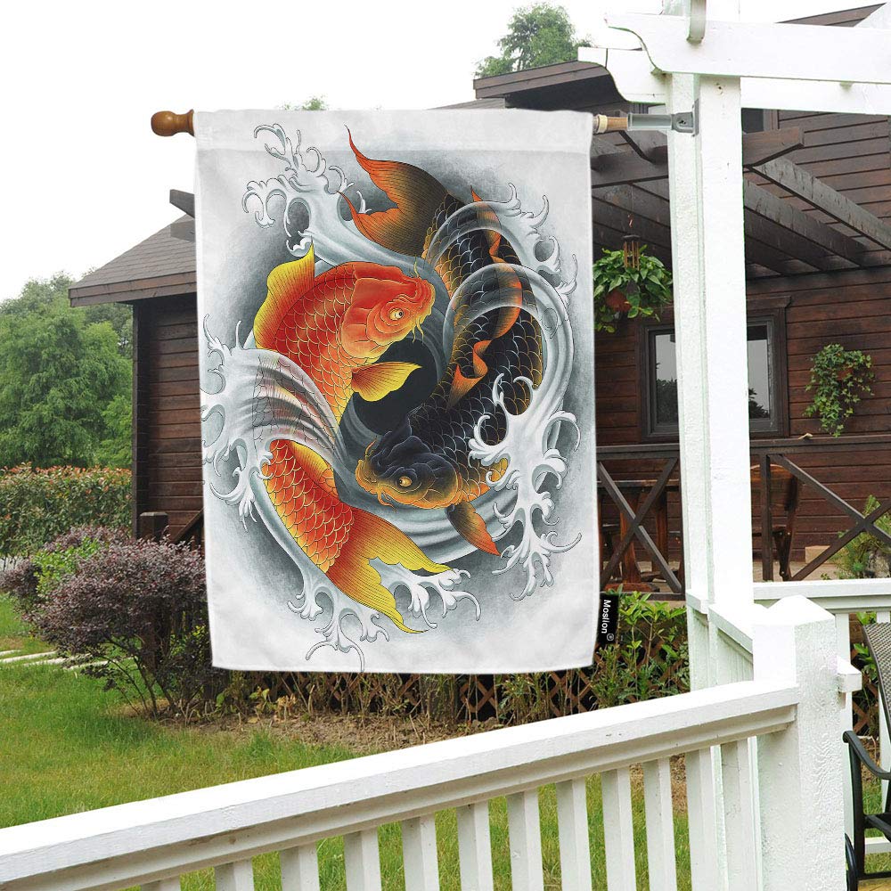 Double-Sided 28x40 Inch Black & Red Asian Carp House Flag - Traditional Lucky Tattoo Design, Cotton Linen Outdoor Decorative Flag for Summer, Patio, Garden & Home Decor