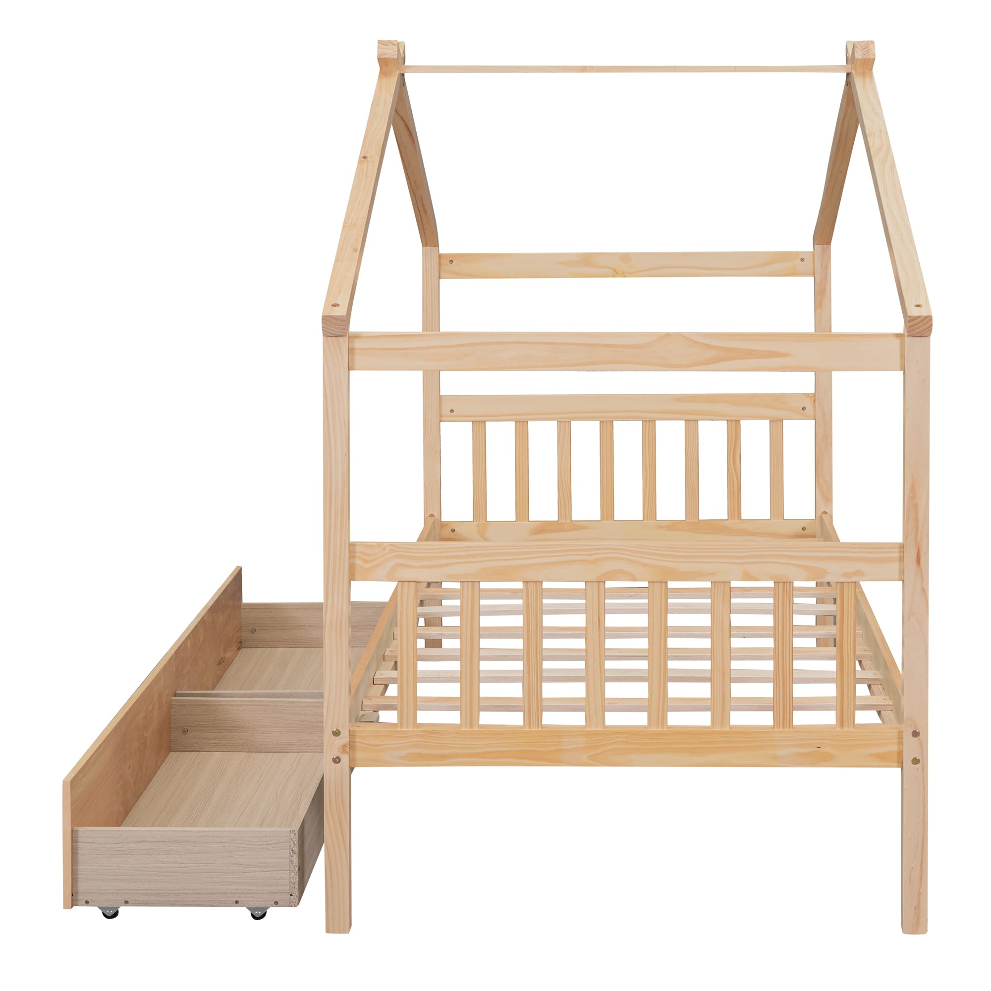 Harper & Bright Designs Twin Size Wooden House Bed for Kids with Storage Drawers - Natural Wood Roof Design Bed Frame for Boys & Girls - Perfect for Bedrooms, Playrooms & Kids' Rooms