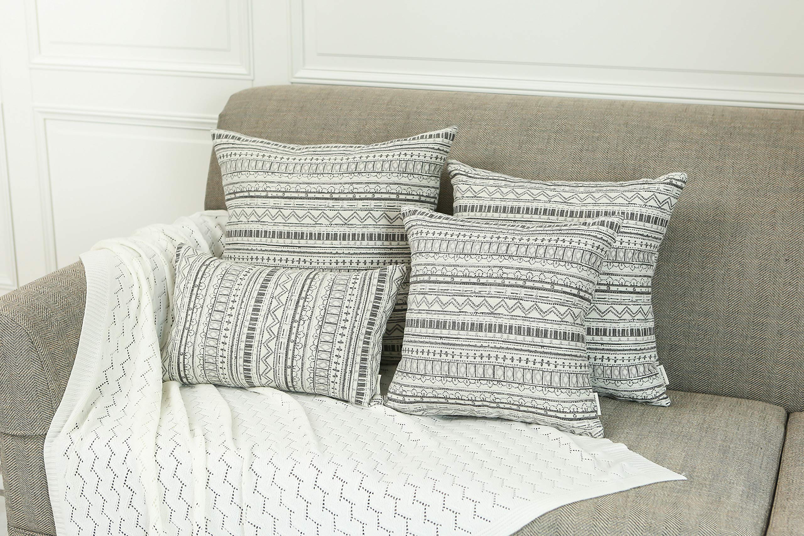 2 Pack Bohemian Striped Geometric Throw Pillow Covers 20x20 Inches - Gray & Cream Decorative Sofa Couch Bed Pillow Cases for Living Room, Bedroom & Home Decor