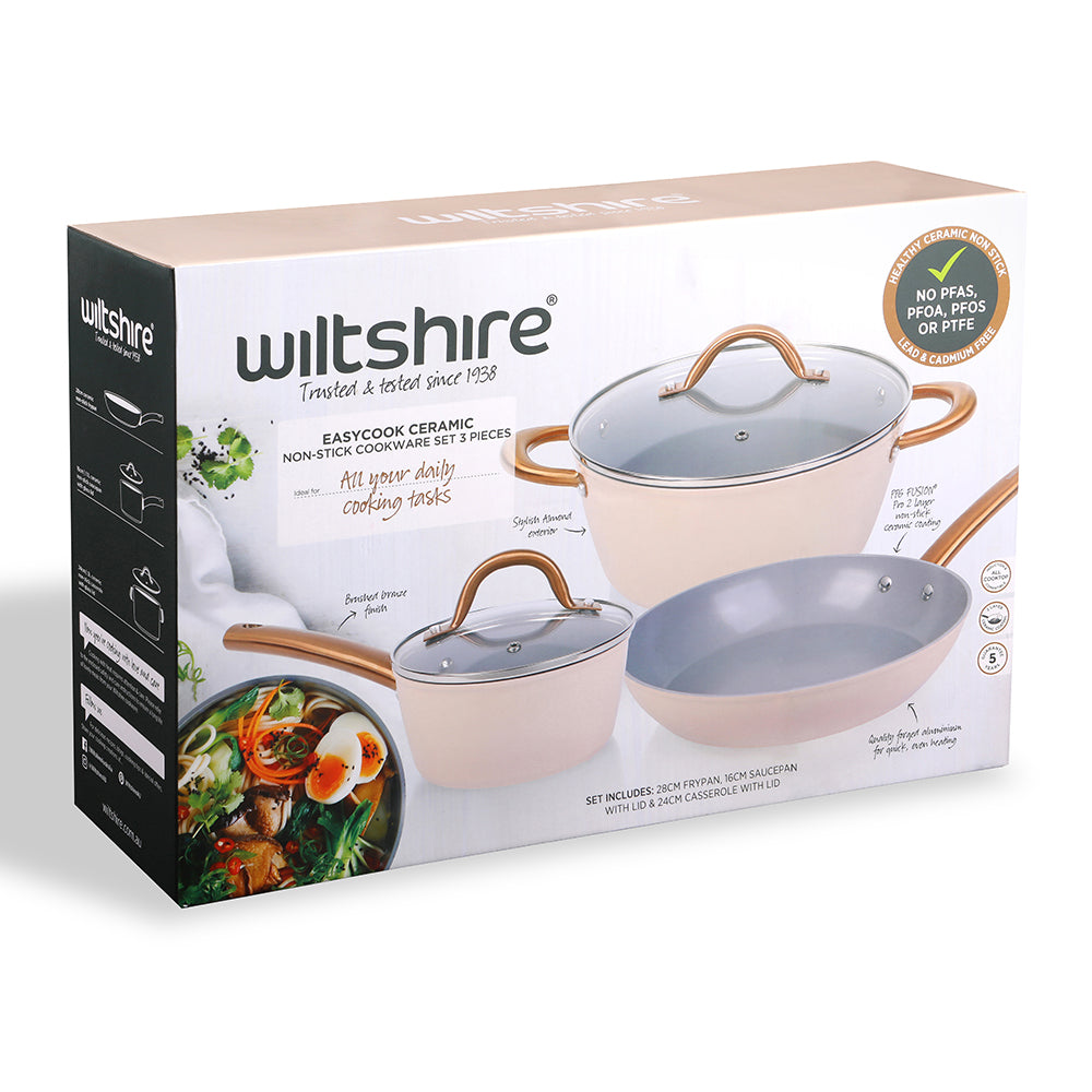 EasyCook Almond & Bronze Ceramic Non-Stick Cookware Set - 3 Piece Kitchen Essentials for Healthy Cooking | Perfect for Frying, Sautéing & Baking | Dishwasher Safe & PFOA-Free