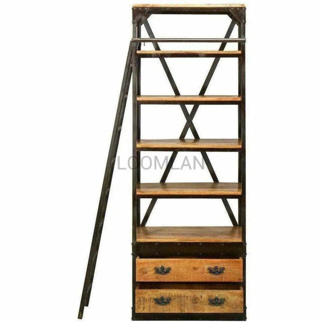80x32 Inch Industrial Style Library Bookcase with Ladder - Sturdy Wooden Bookshelf for Home Office, Study Room or Classroom Storage Organization
