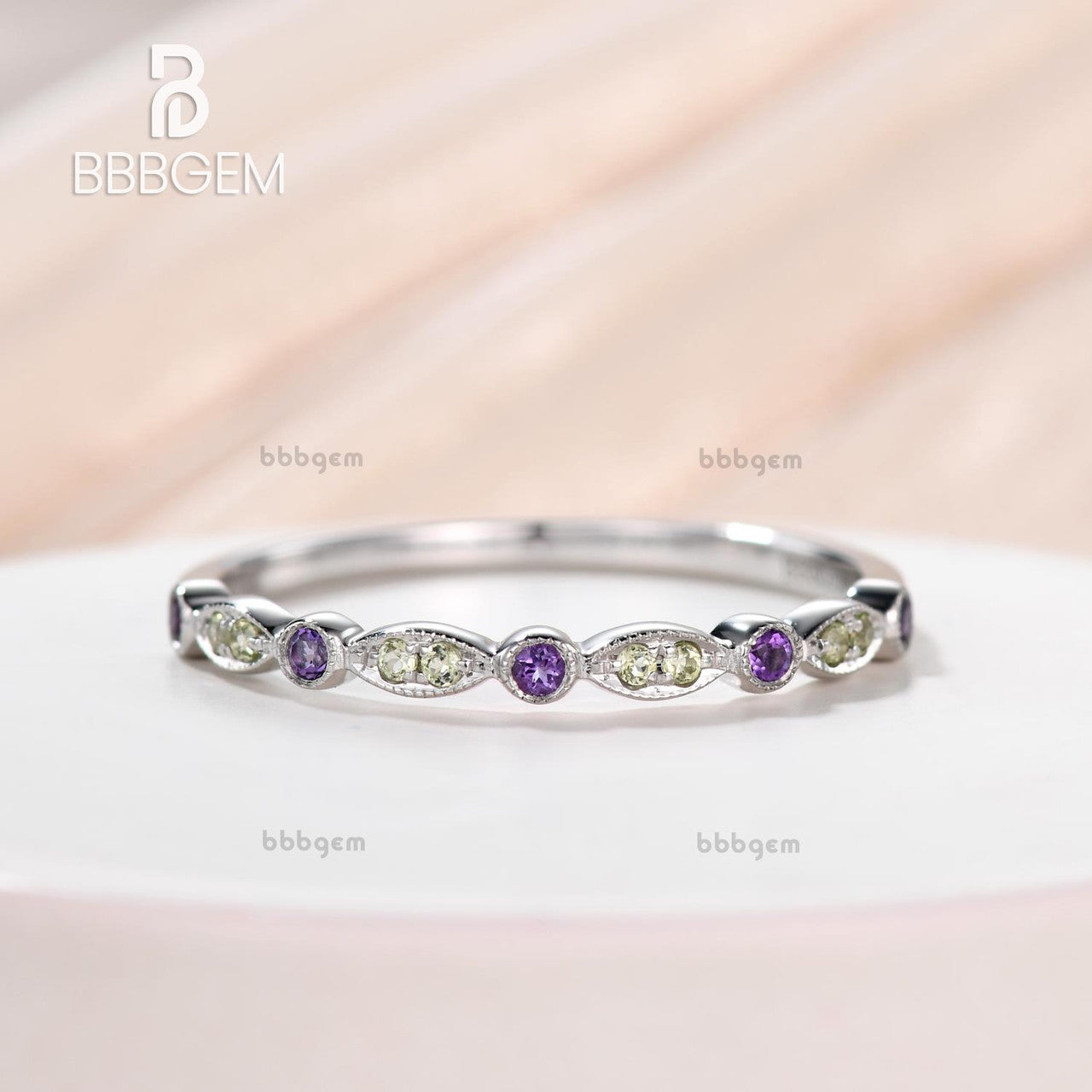 Exquisite Marquise & Round Alexandrite Diamond Wedding Ring - 14K Rose Gold Milgrain Half Eternity Band for Women | Perfect Anniversary Gift, Engagement Ring & Bridal Jewelry for Special Occasions