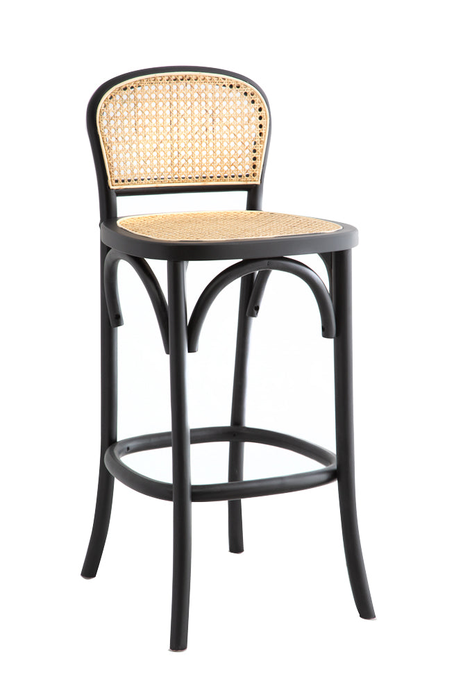 Chez Pitou Black Wood & Woven Cane Bar Stool - Modern Kitchen Island & Counter Height Stool for Dining & Home Decor