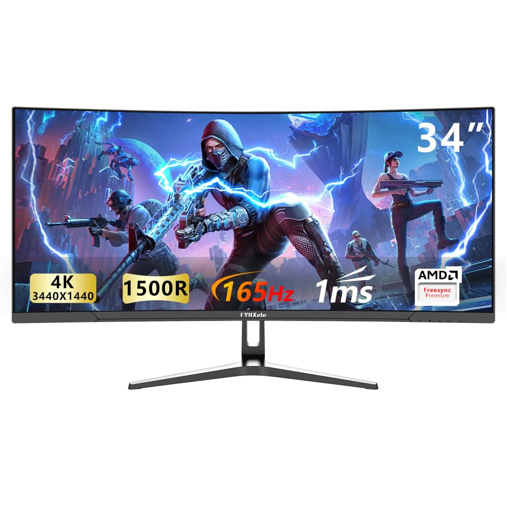 FYHXele 34 Inch WQHD Gaming Monitor 165Hz Curved Screen, 1ms Response Time, AMD FreeSync - Perfect for PC, PS5, Xbox Gaming & Home Office Setup