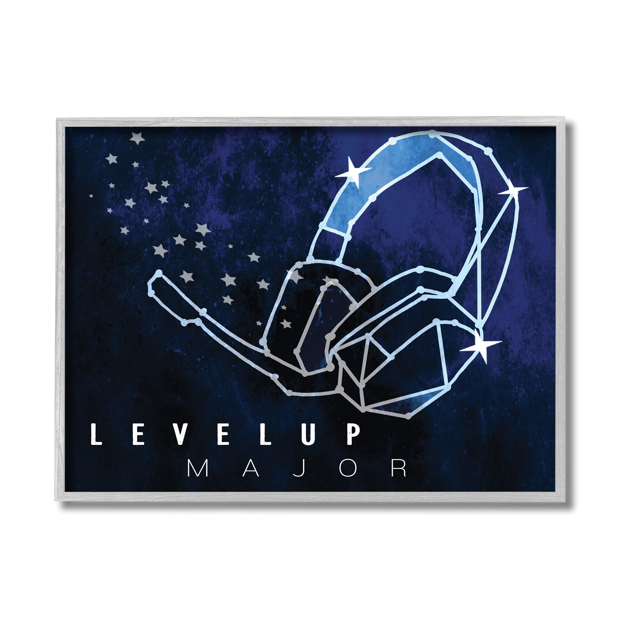 Stupell Industries Level Up Gaming Quote Wall Art - Gray Framed Space Stars Headset Design by Daphne Polselli - 16x20 Inches Off-White - Perfect for Gamers Room Decor & Office Wall Art