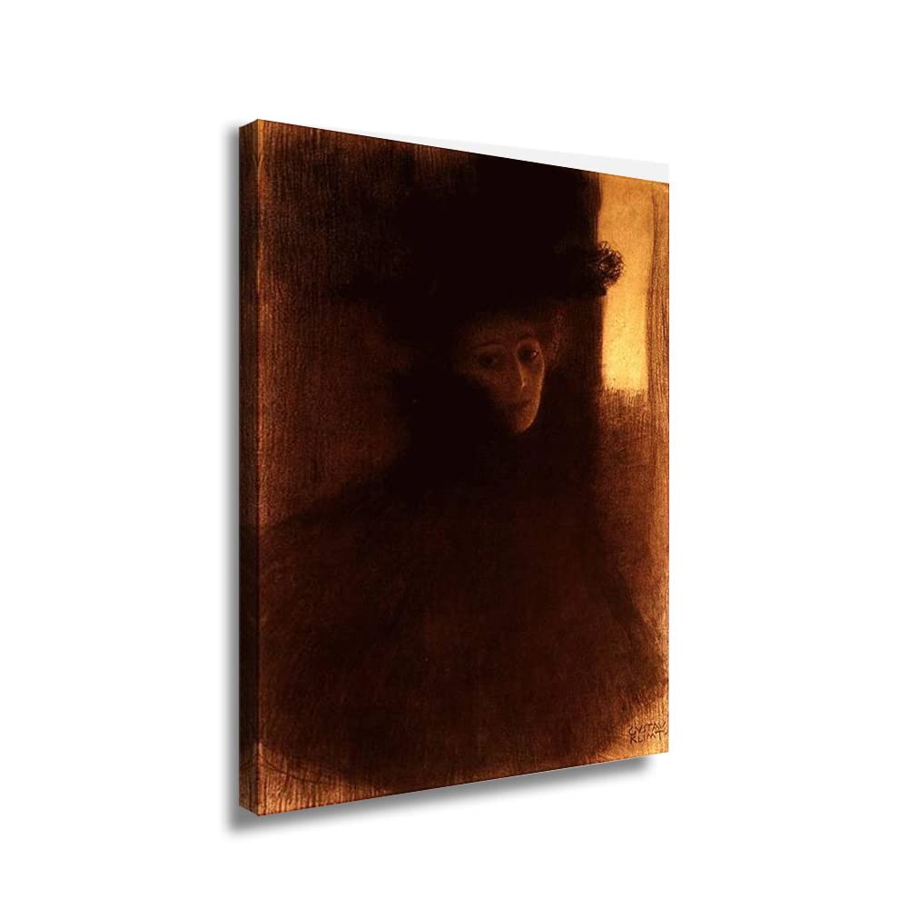 Gustav Klimt 'Lady with Cape and Hat' Vintage Art Print - Premium Canvas Wall Art for Living Room & Bedroom Decor (37x55 inch Framed Painting, Home Office Decor Gift Idea)