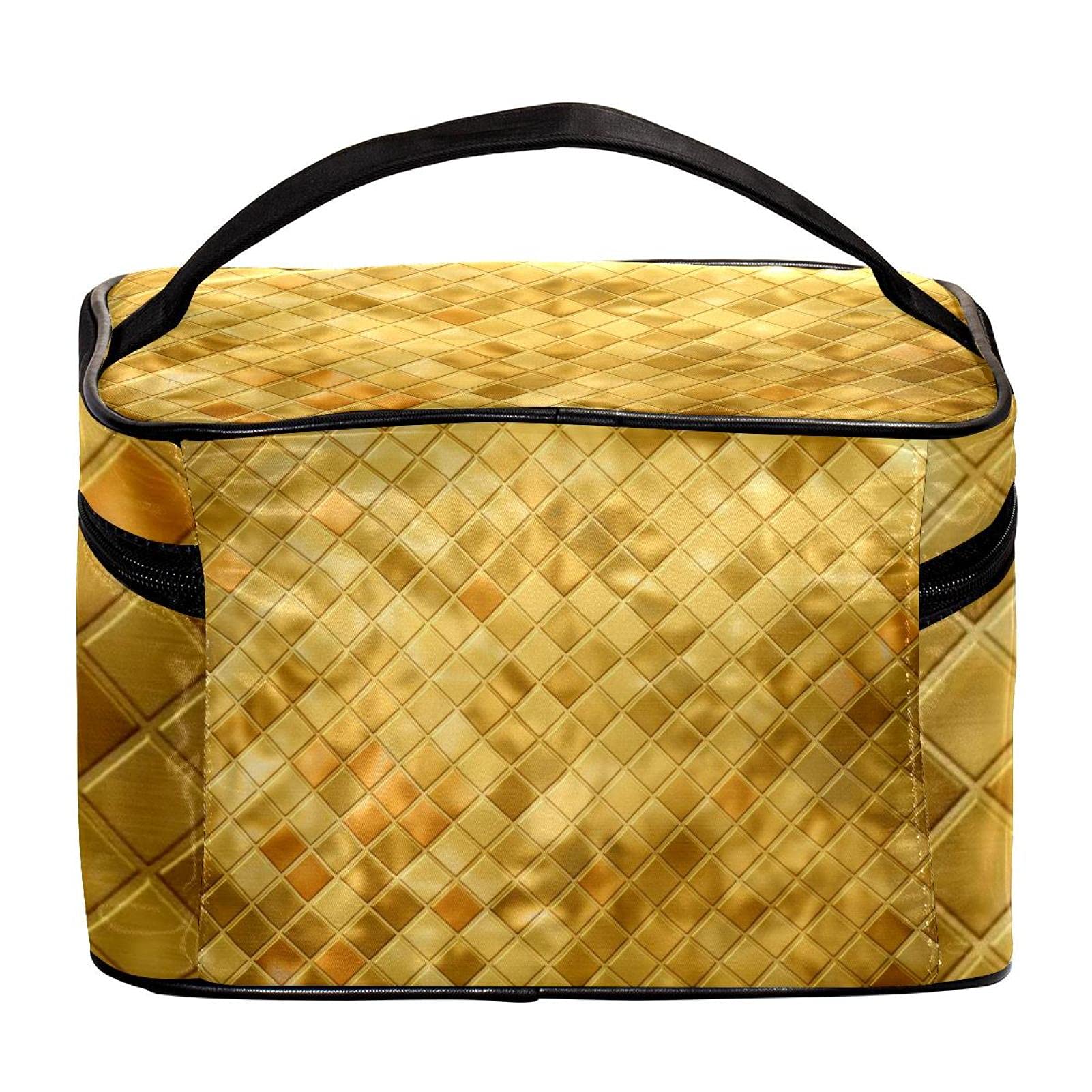Gold Tile Pattern Large Travel Makeup Bag - Waterproof Cosmetic Organizer Case with Zipper for Women & Girls | Perfect for Vacation, Gym, and Daily Essentials Storage