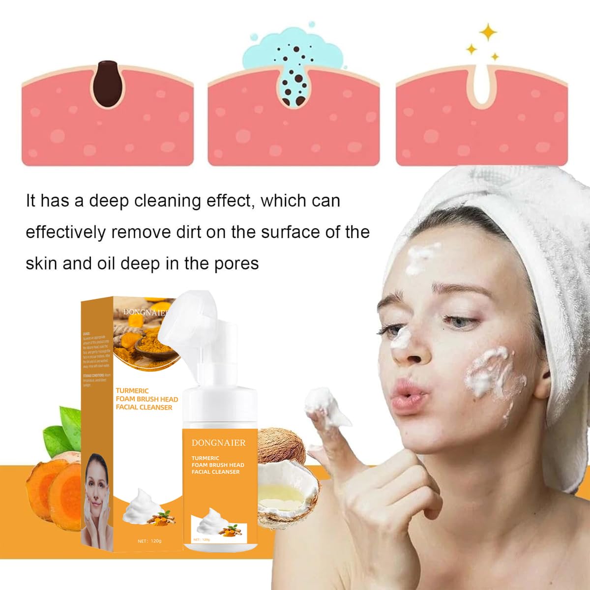 Glow Wash Turmeric Face Cleanser with Brush - Deep Cleansing Exfoliating Scrub, Turmeric Foaming Facial Wash for Skin Brightening & Pore Minimizing, Removes Excess Keratin & Firms Skin (100ml) - Perfect for Daily Skincare Routine & Acne-Prone Skin