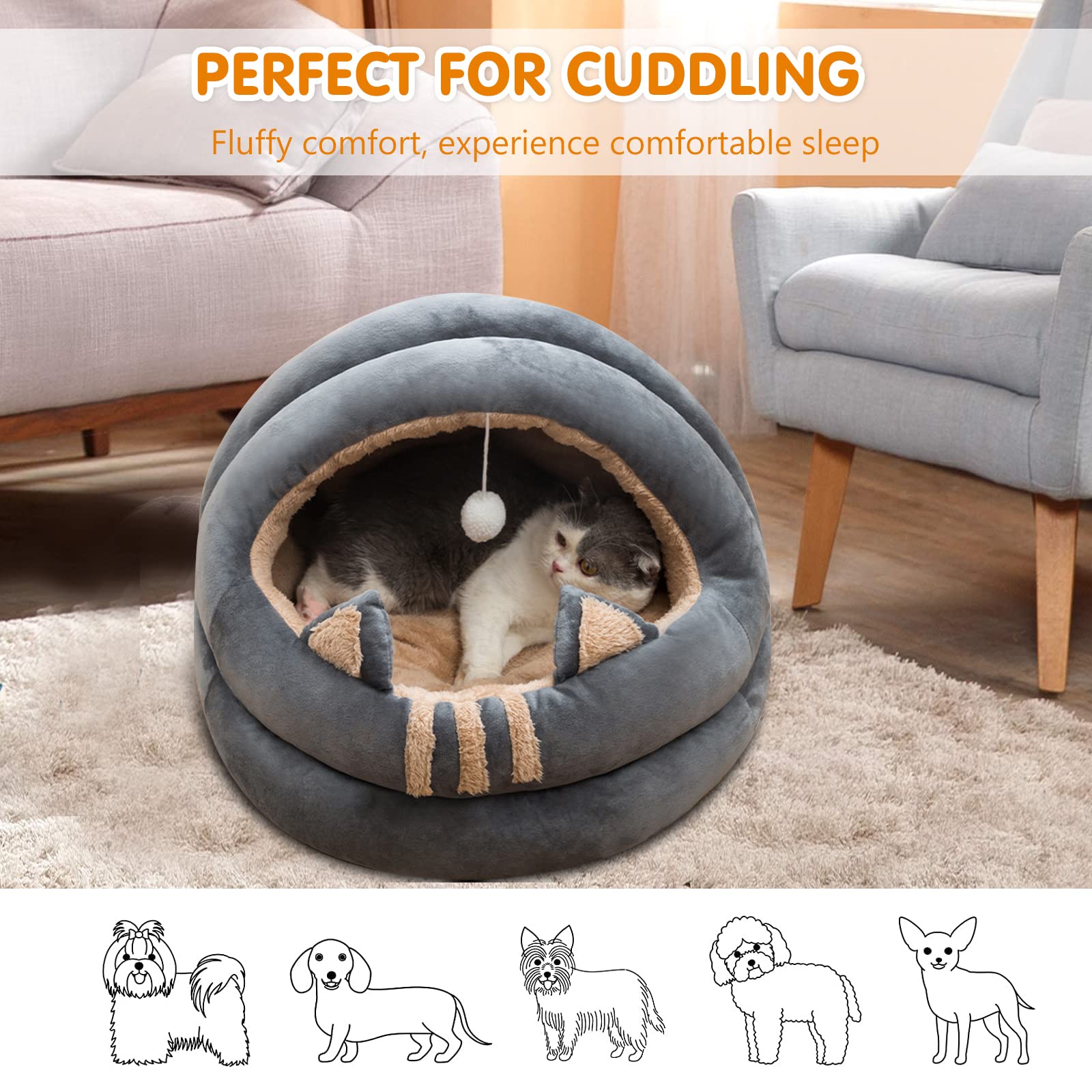 **Orthopedic Cat Bed for Indoor Cats - Soft, Washable & Anti-Slip Pet Cushion for Small, Medium, Large Dogs & Cats - Cozy Cat-Shaped Cave with Hanging Toy - Perfect for Lounging, Napping & Playtime**